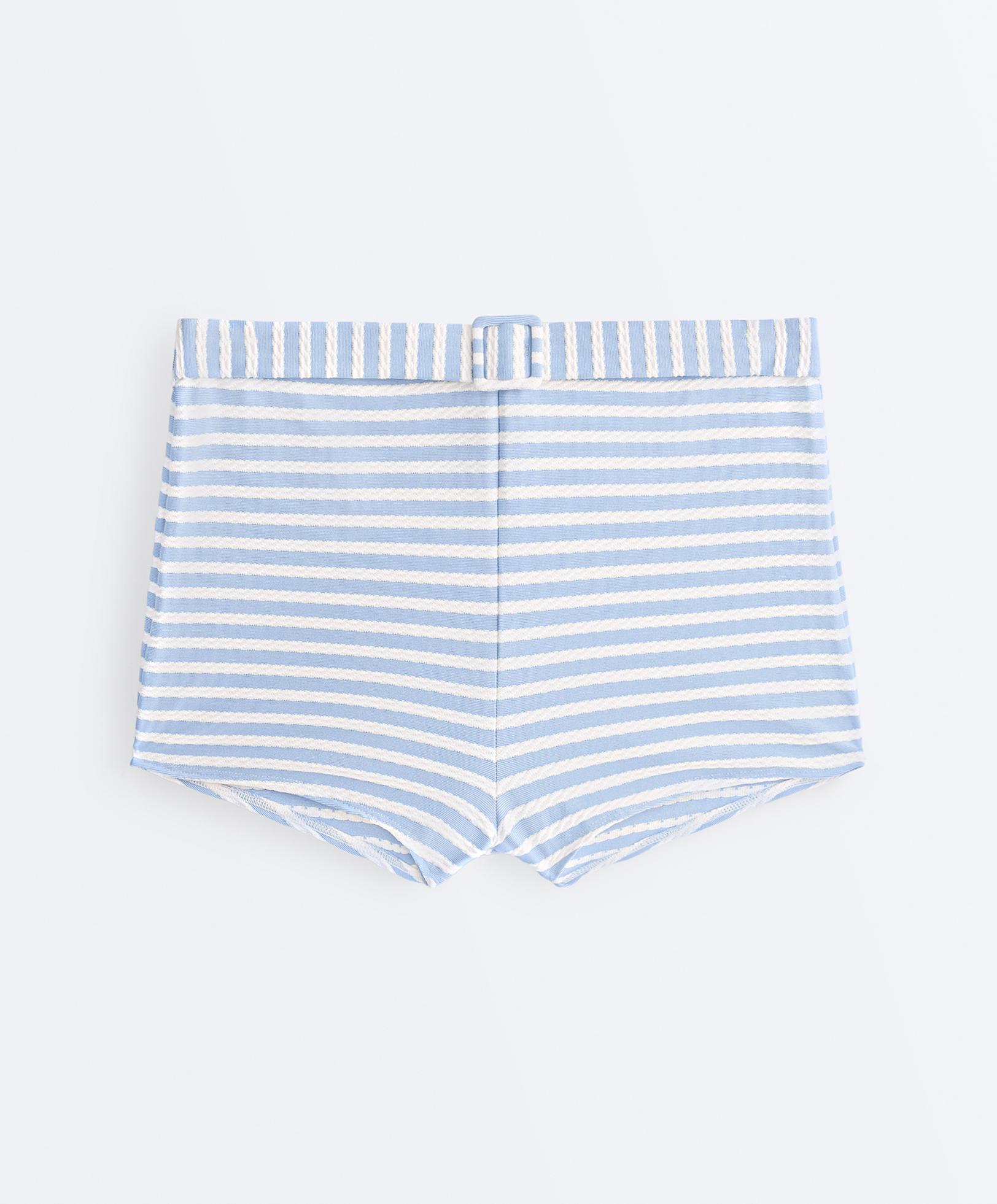 Striped textured high-waisted bikini shorts with belt detail — WASHED SKY BLUE