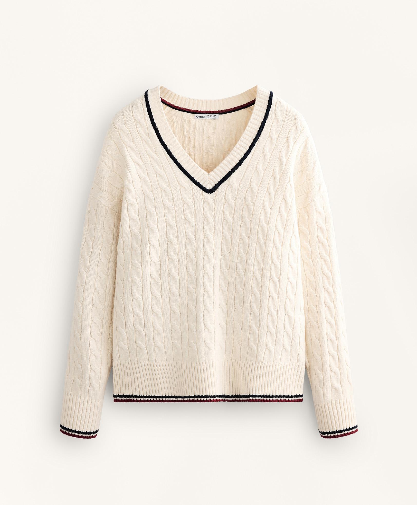 V-neck mini cable knit jumper — ECRU