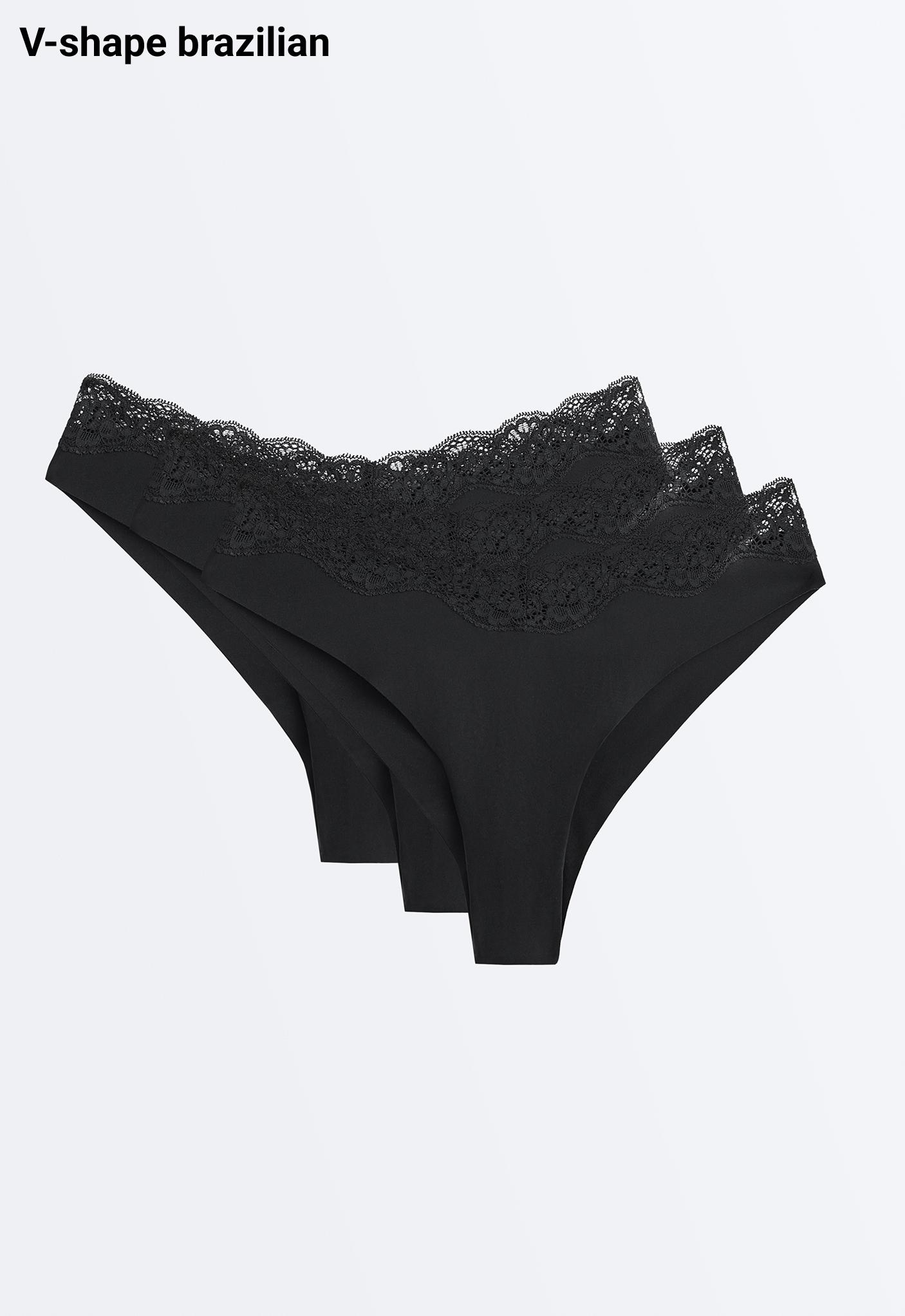 3 V-cut lace laser-cut polyamide Brazilian briefs — BLACK