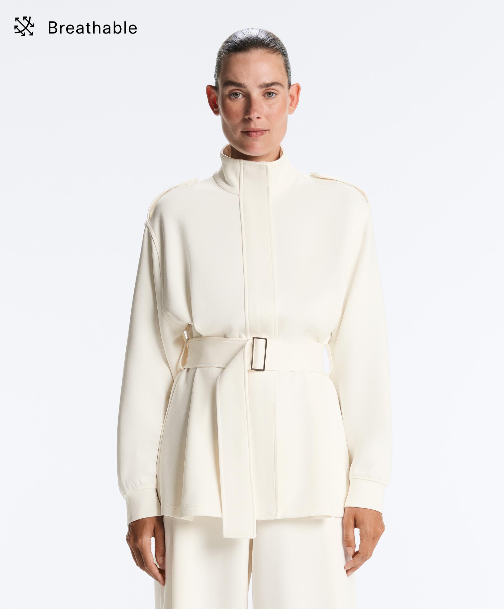 Long utility jacket with cotton and modal twill belt