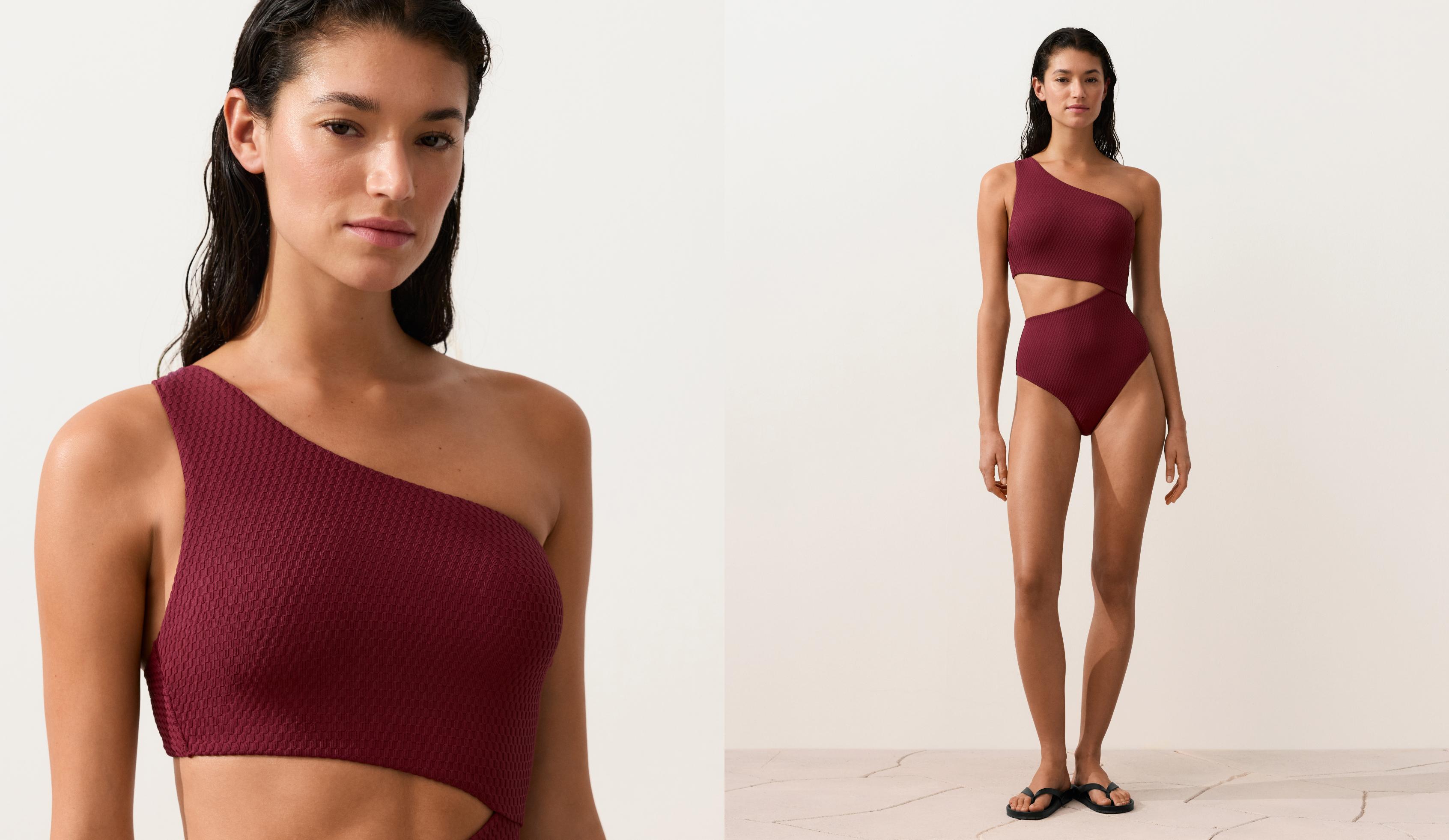 Mini check jacquard asymmetric trikini — CHERRY