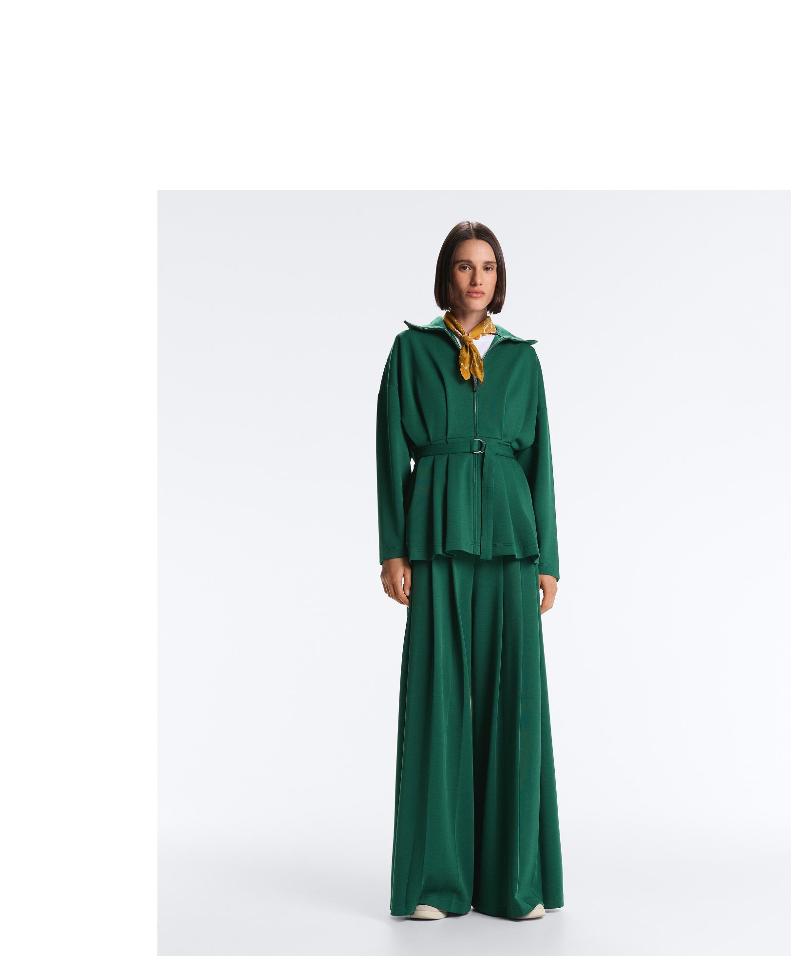 Cotton wide-leg pique trousers with pleats — DARK EMERALD