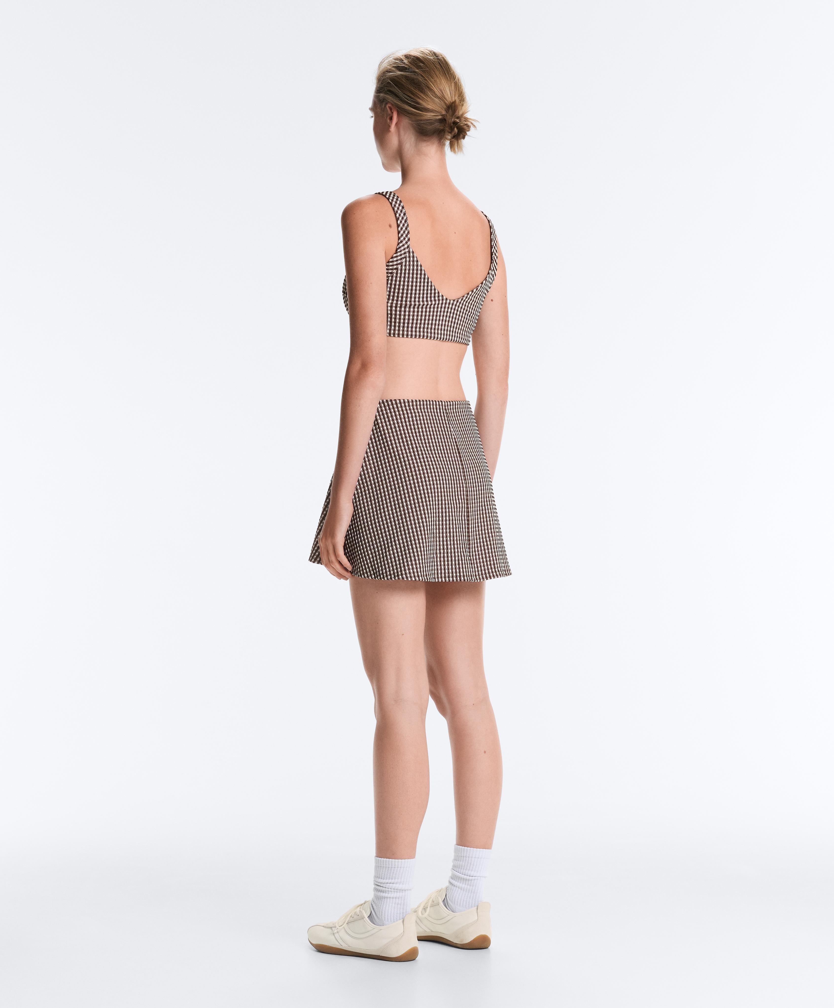 Comfortlux high-rise gingham mini skirt — DARK REDDISH‑BROWN