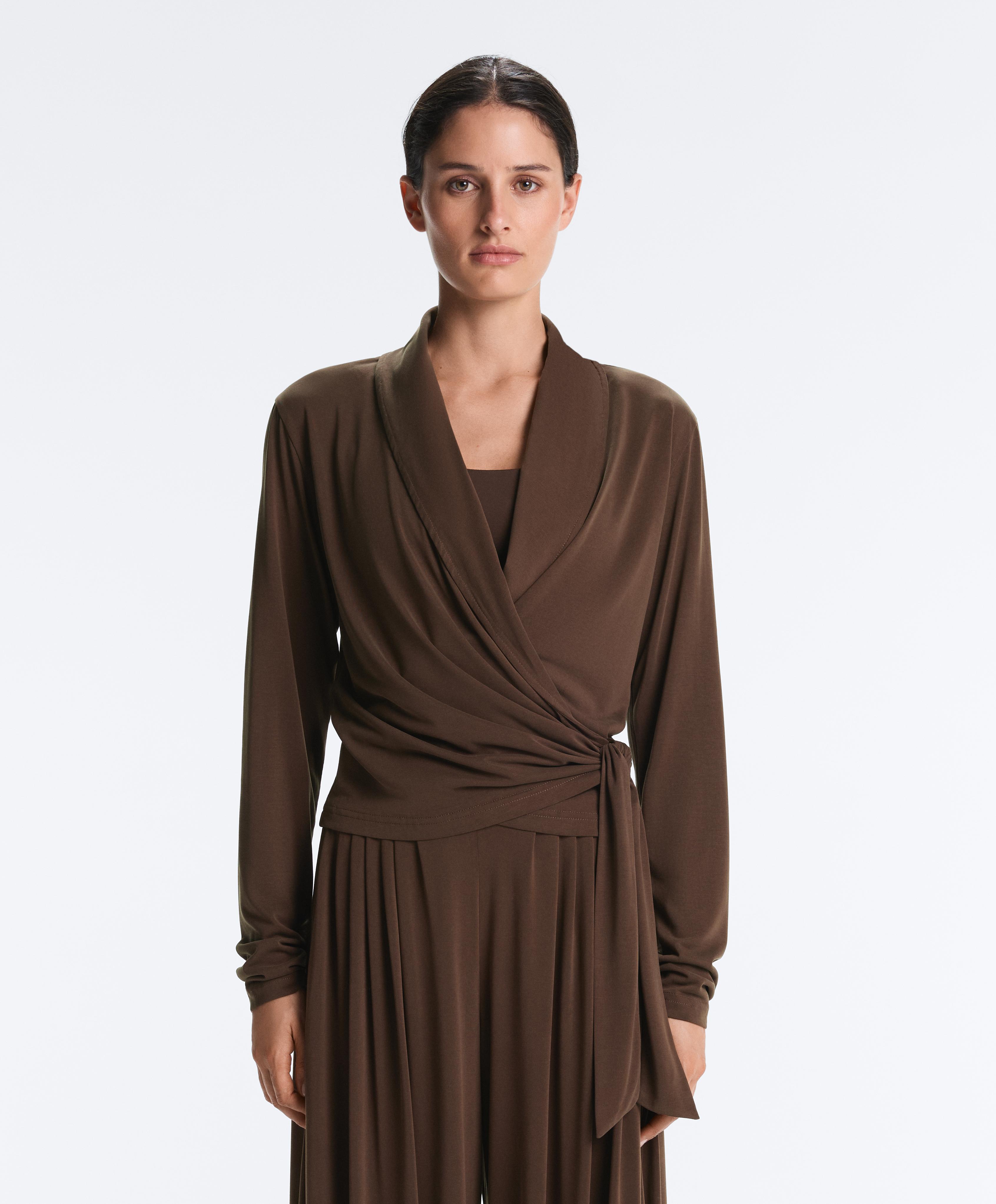 Modal blend long sleeve crossover T-shirt — DARK BROWN
