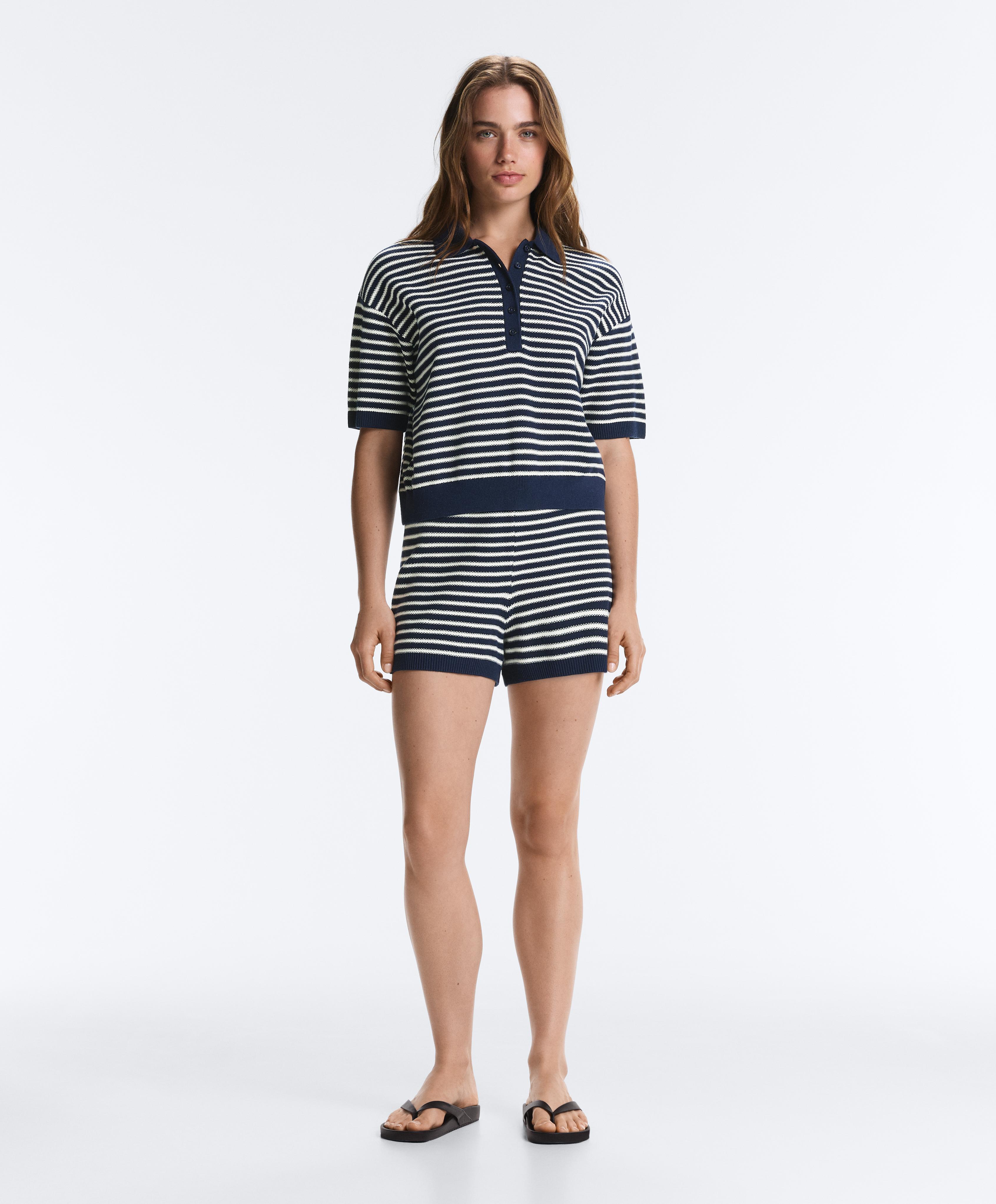 100% cotton striped knit polo shirt — NAVY BLUE