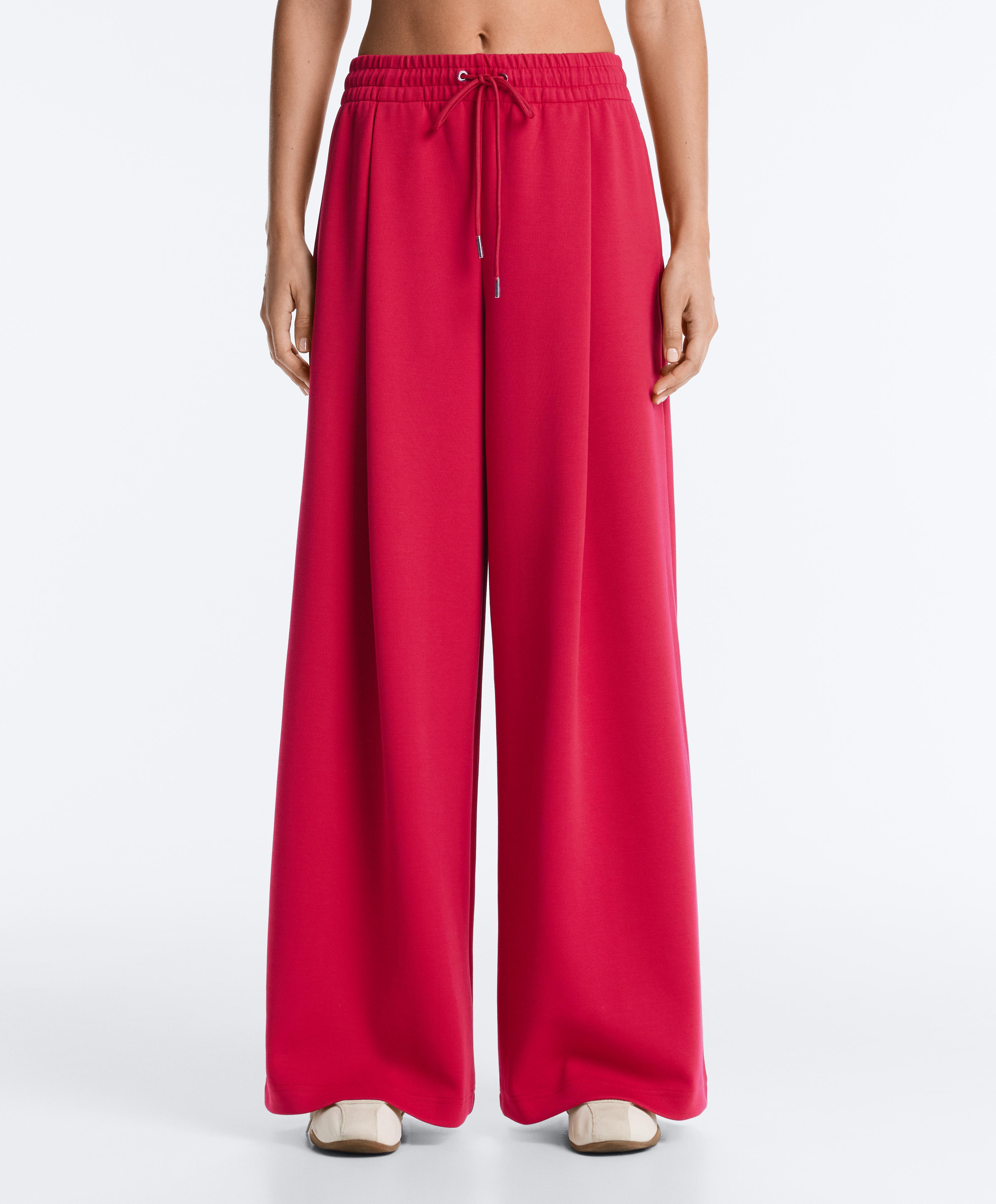 Wide-leg piqué pleat trousers with cotton — RED