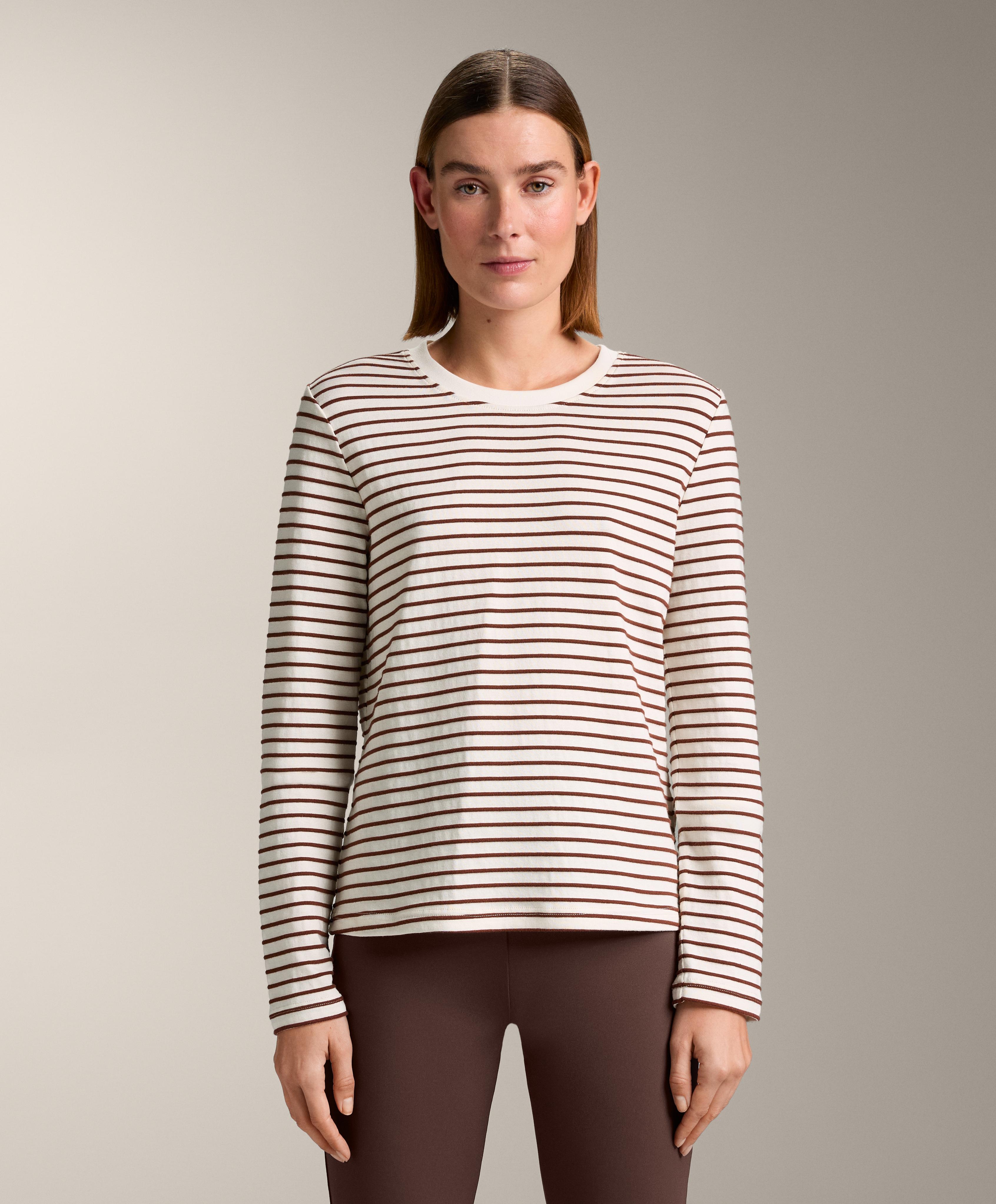 Regular fit long sleeve striped cotton blend T-shirt — BROWN