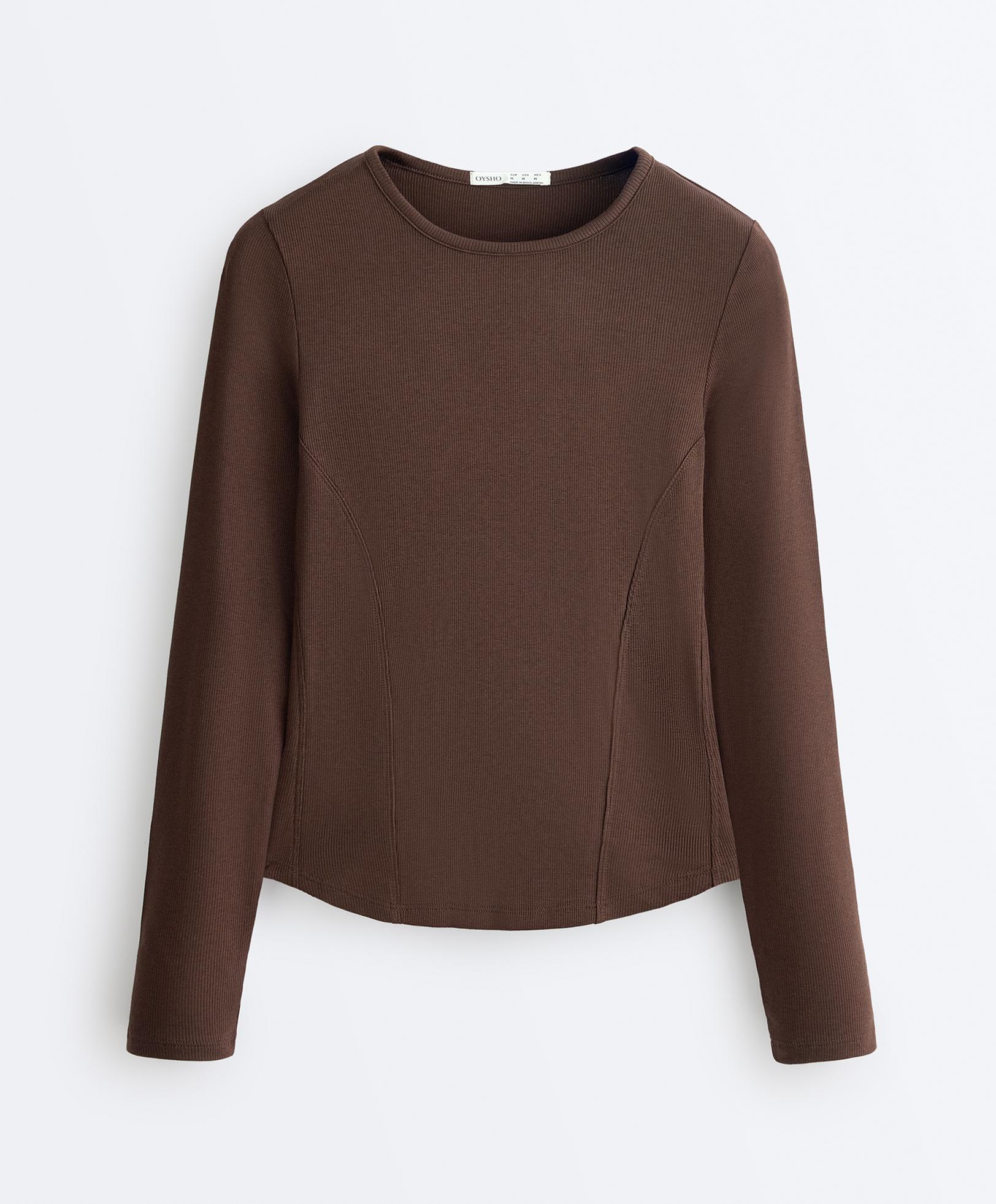 Fitted long sleeve rib T-shirt with cotton and modal — BROWN