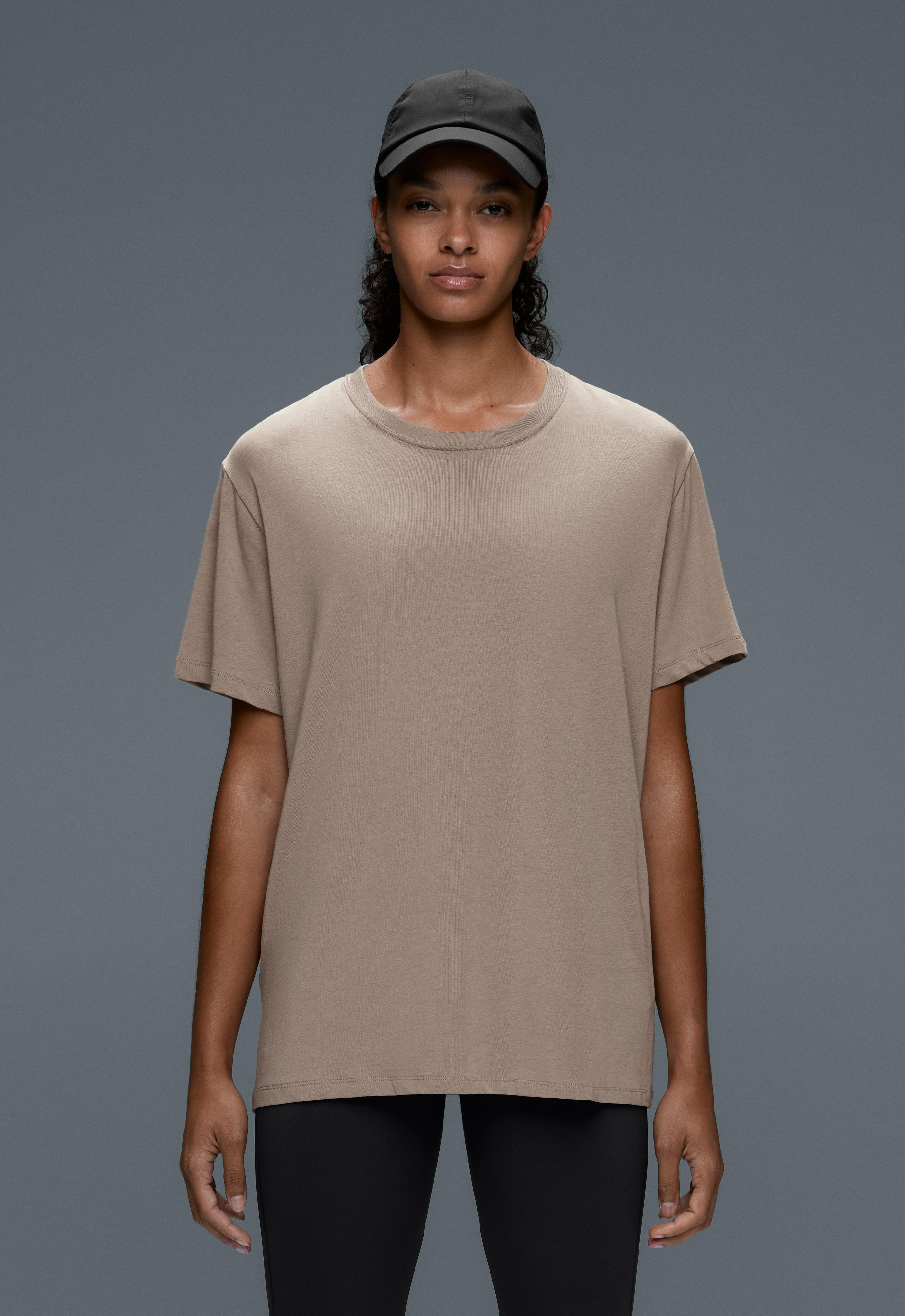 Boxy short-sleeved cotton blend T-shirt with slogan — MINK GREY