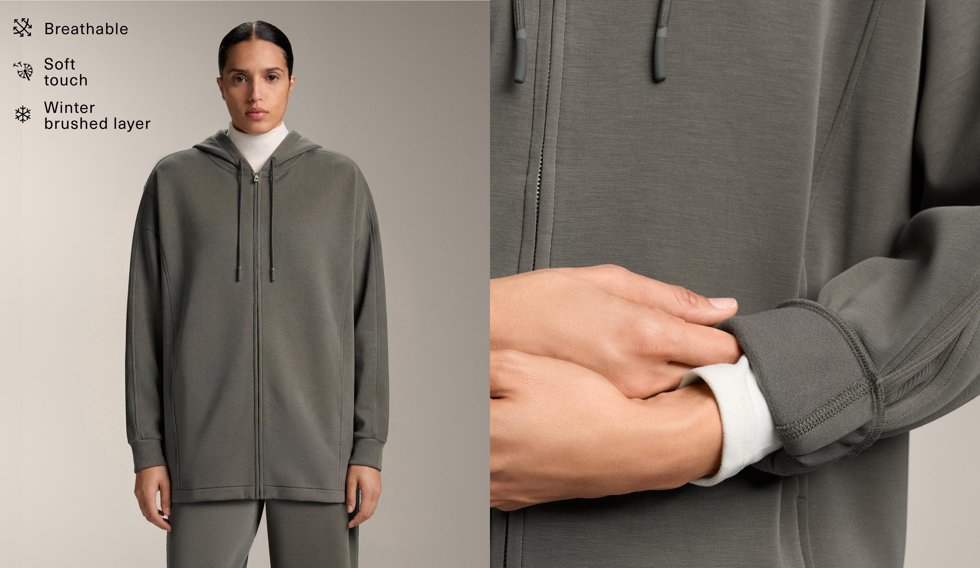 Long hooded jacket with rib details and brushed modal Long hooded jacket with rib details and brushed modal