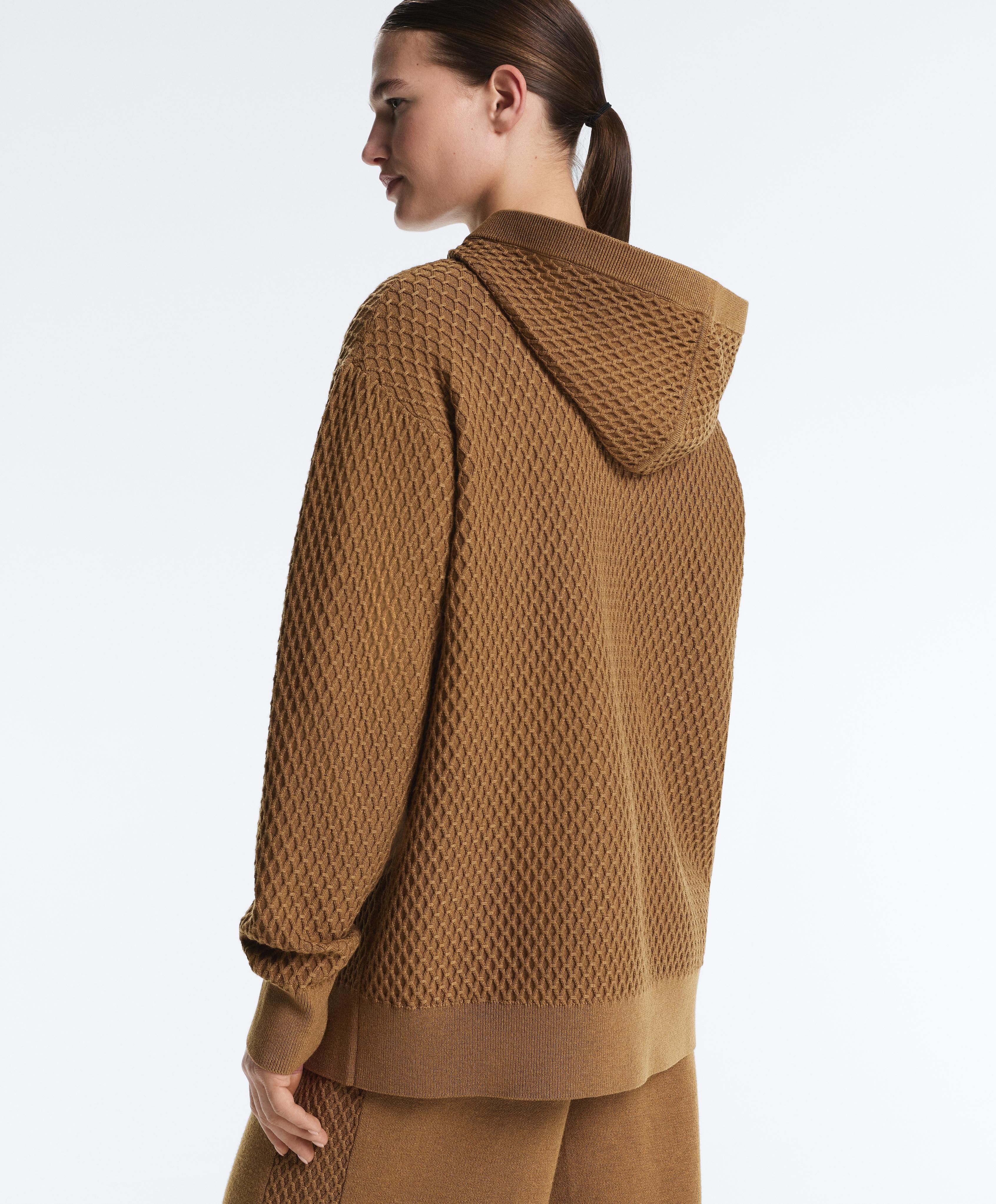 Long structured knit jacket with hood — COPPER