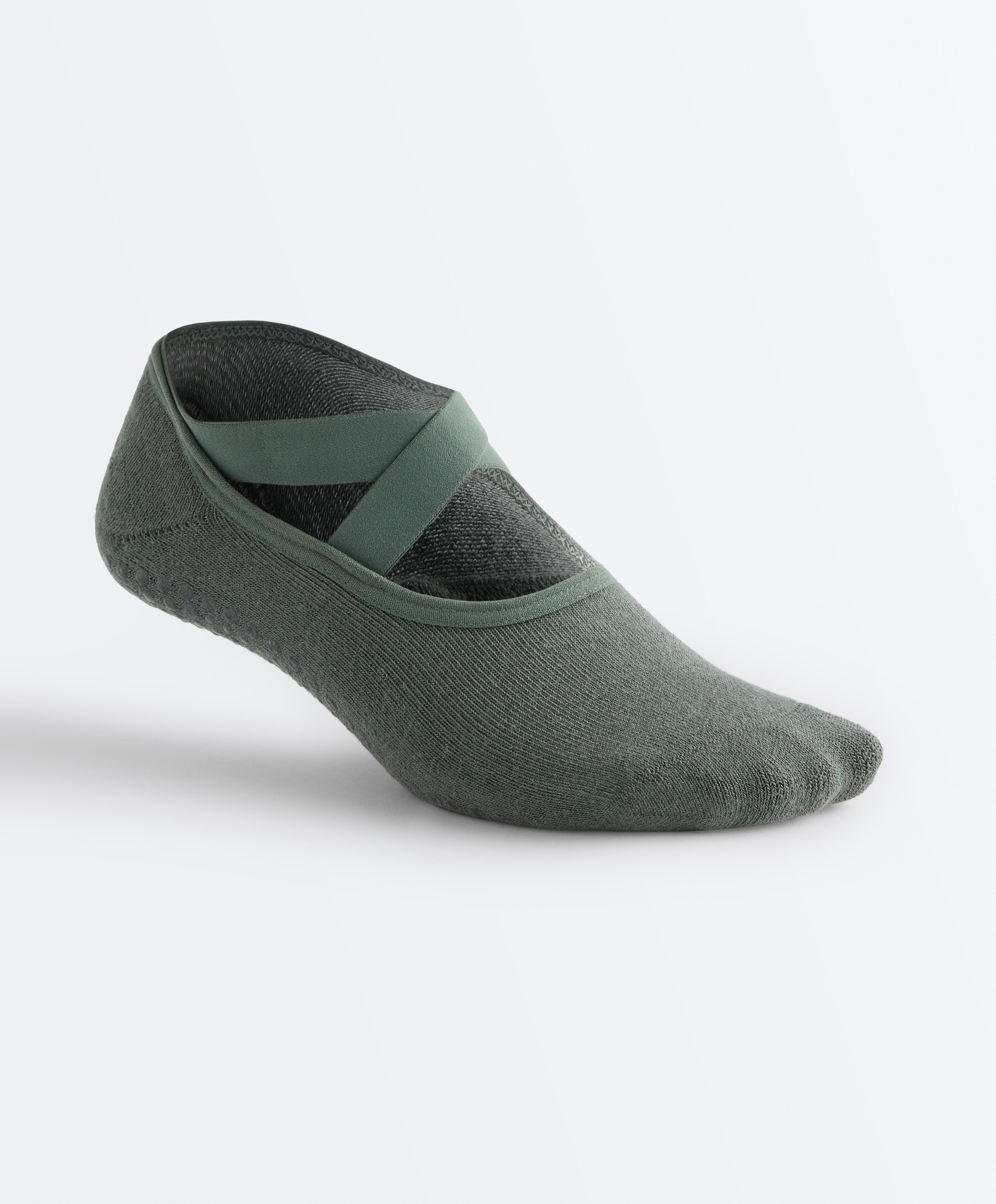 2 pairs of padded cotton blend yoga and Pilates socks with crossover straps — DARK GREEN