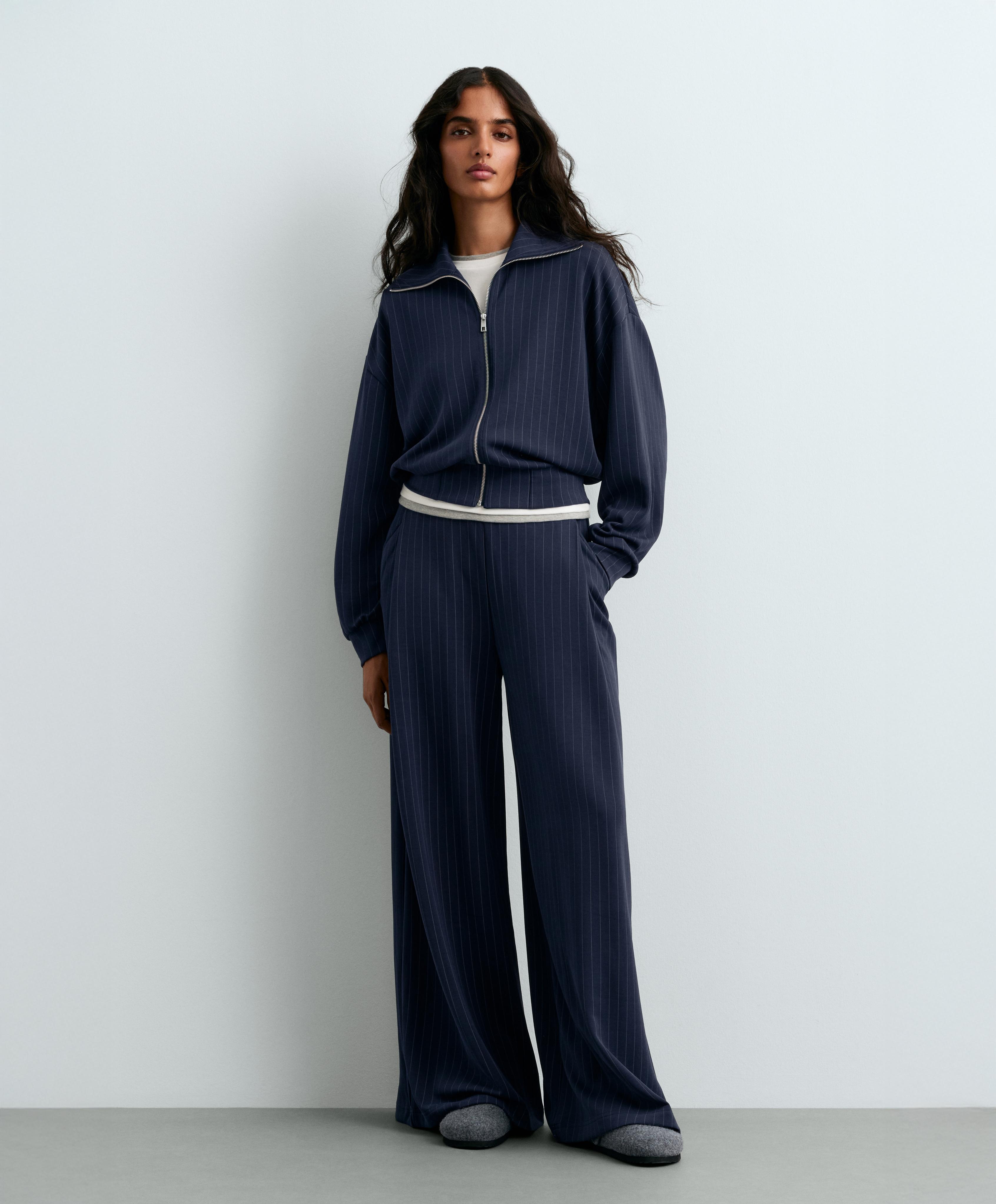 Modal pinstripe boxy jacket — NAVY BLUE