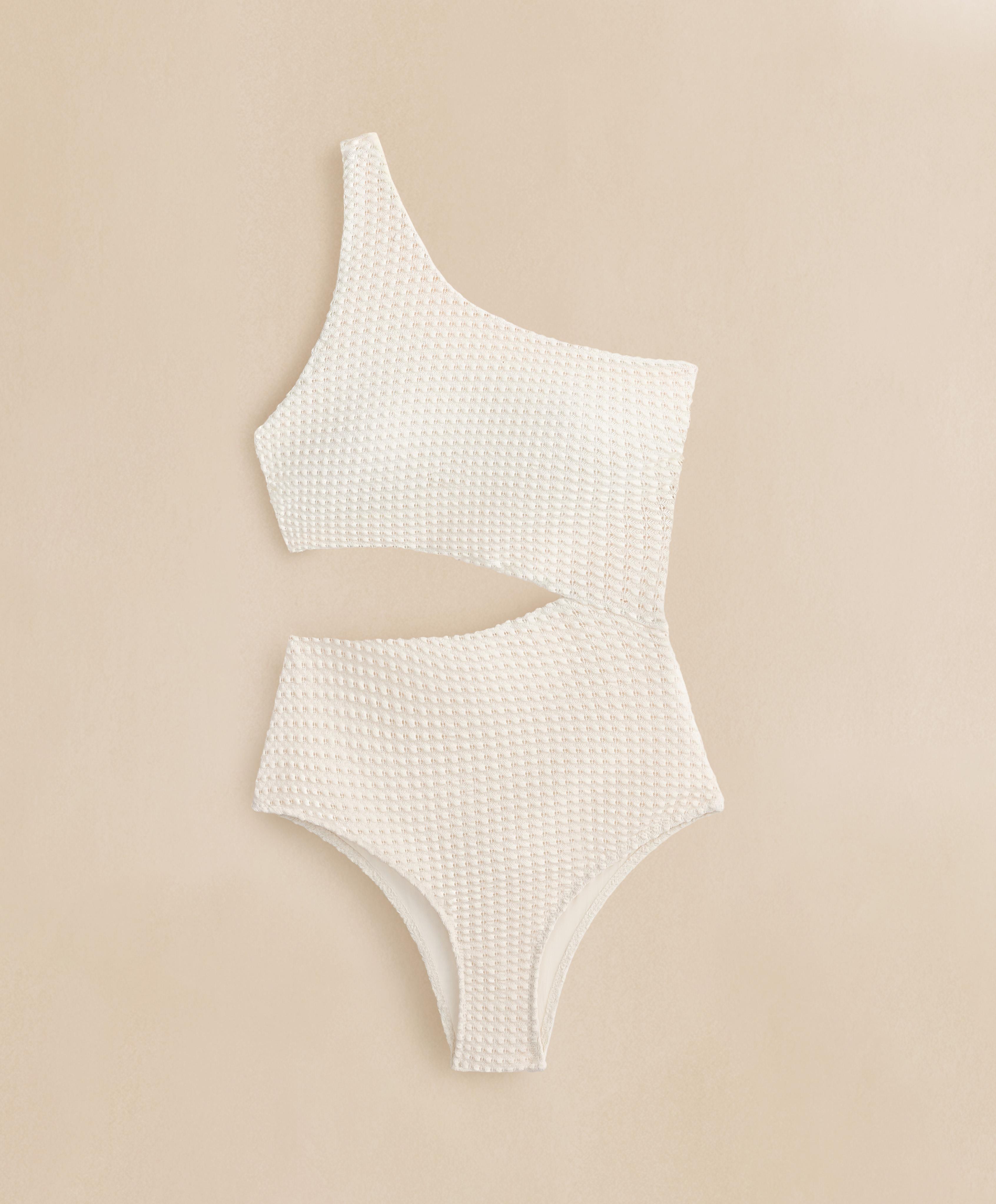 Bubble crochet asymmetric trikini — ECRU