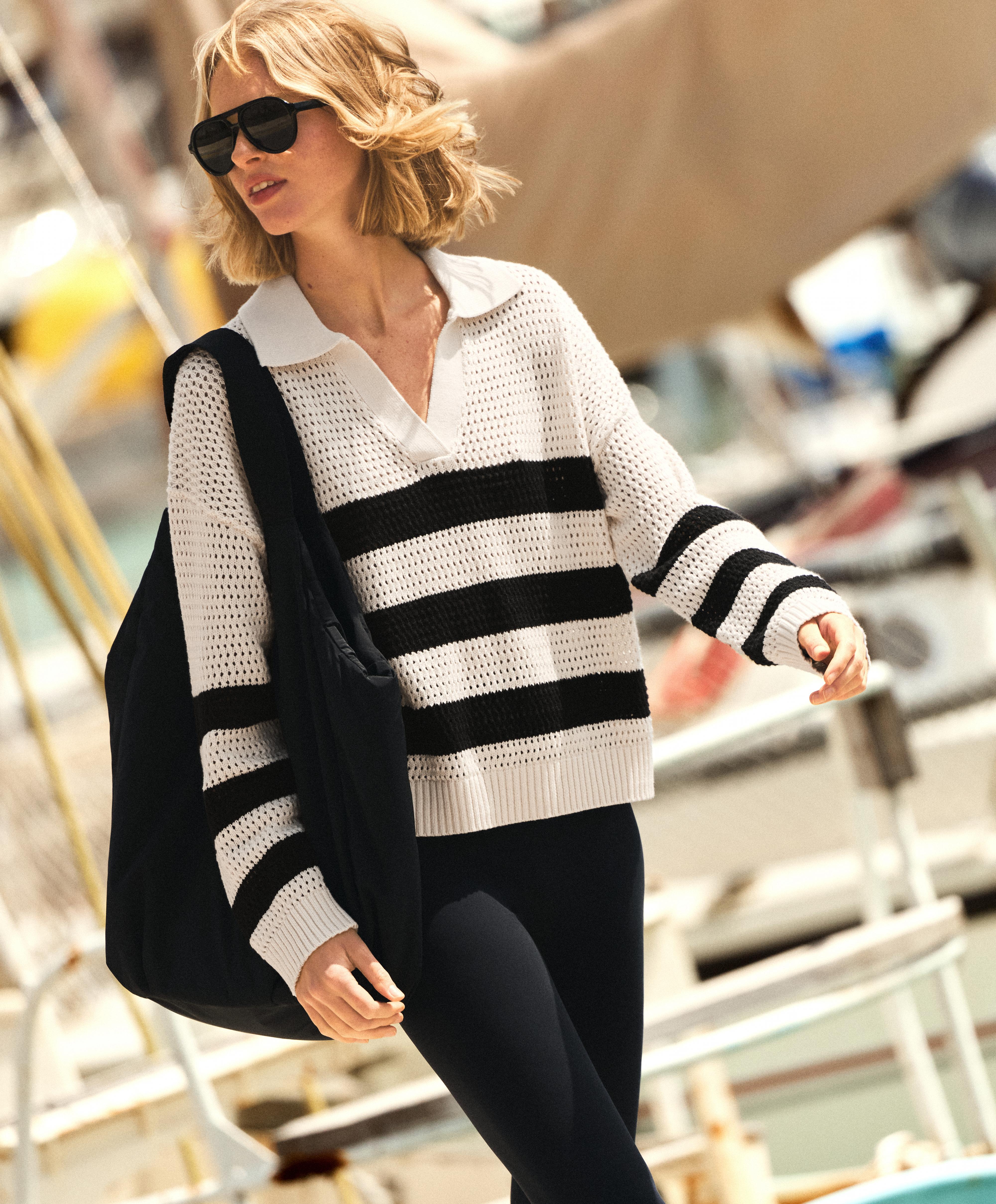 100% cotton striped open knit long-sleeve polo shirt — ECRU