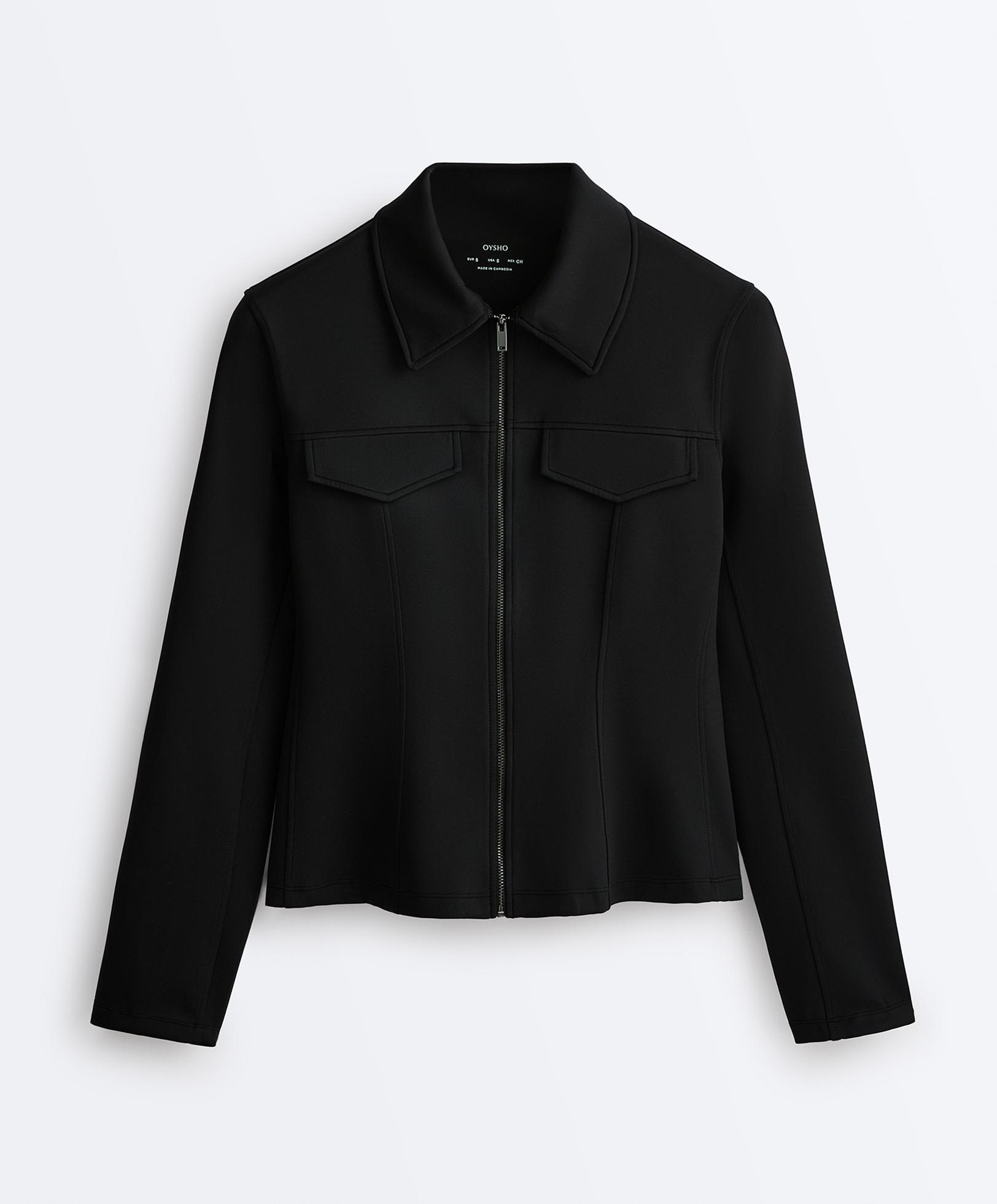 Neoprene-effect peplum jacket with ribbing — BLACK