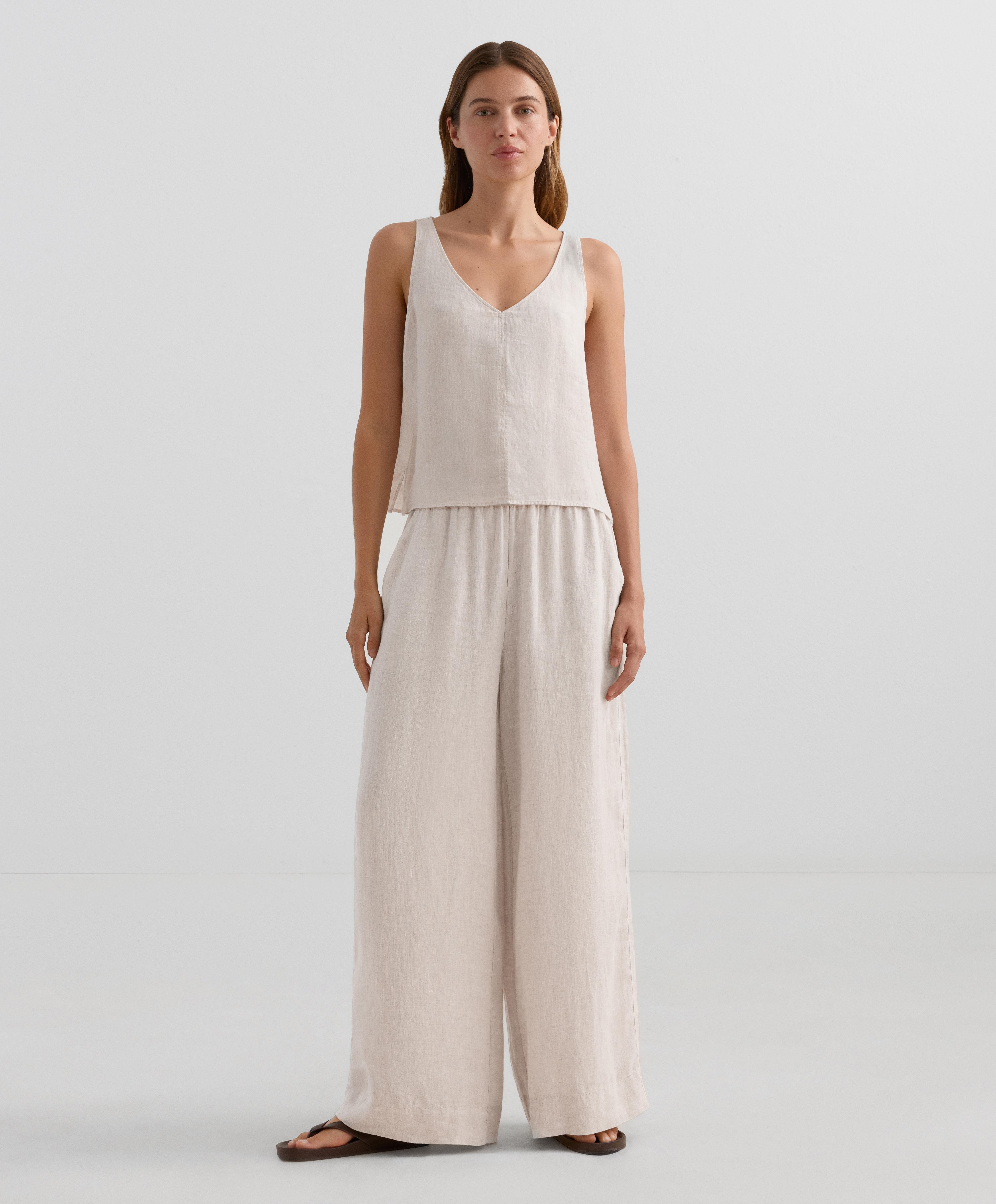 100% linen V-neck strap top — SAND MELANGE