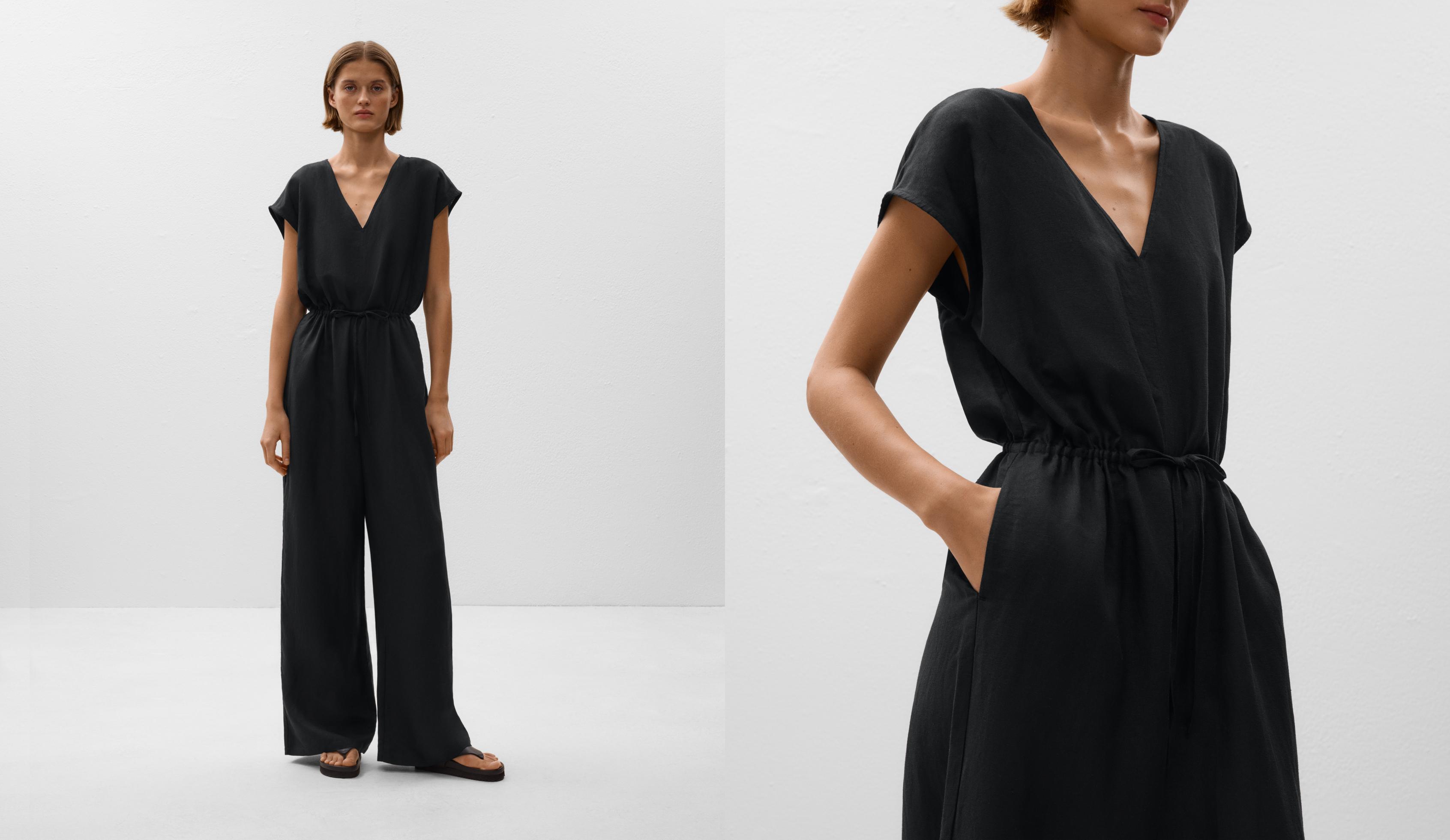 Linen blend long jumpsuit with gathered waist Linen blend long jumpsuit with gathered waist