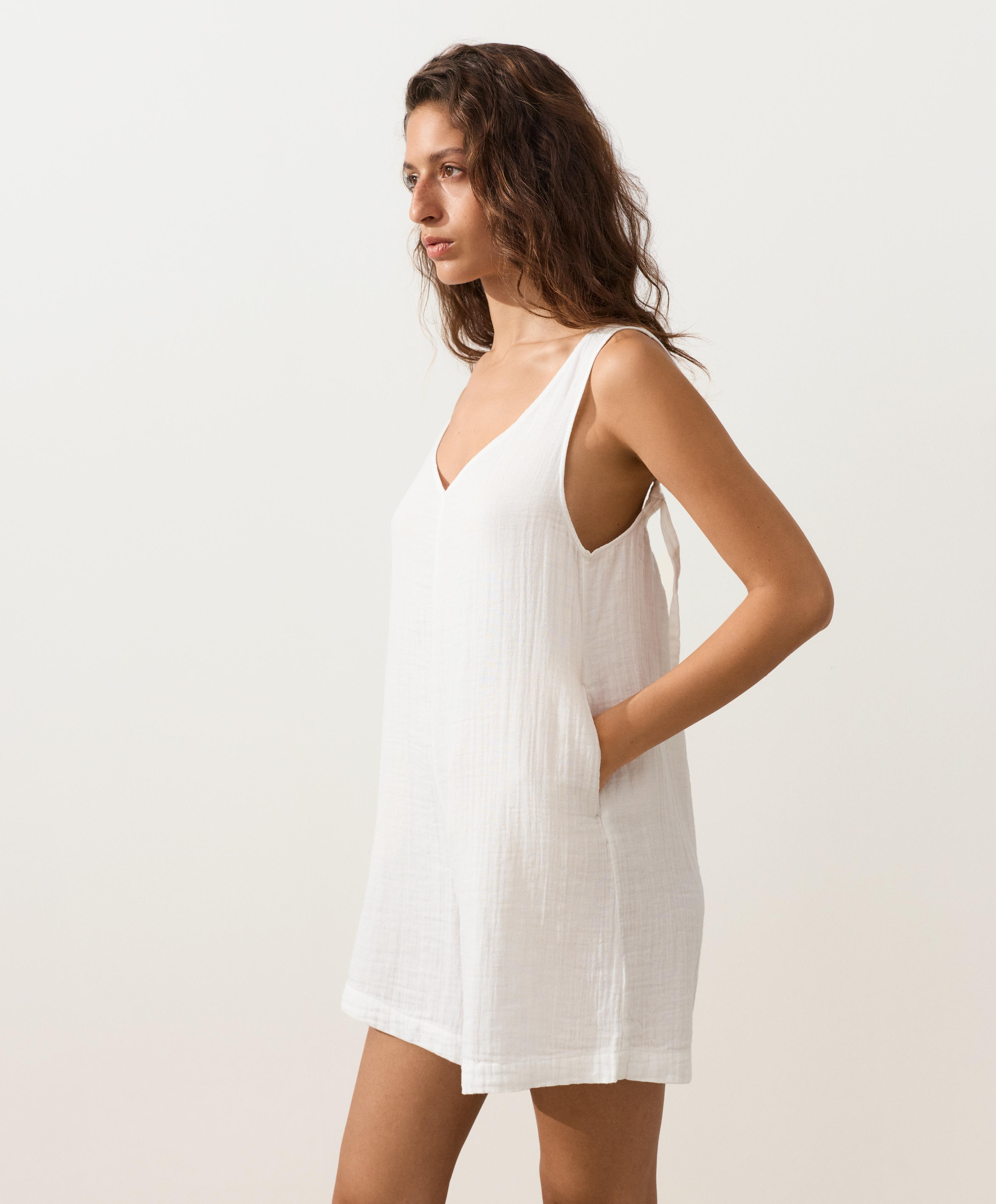 100% cotton gauze short jumpsuit — WHITE  (alternate view)