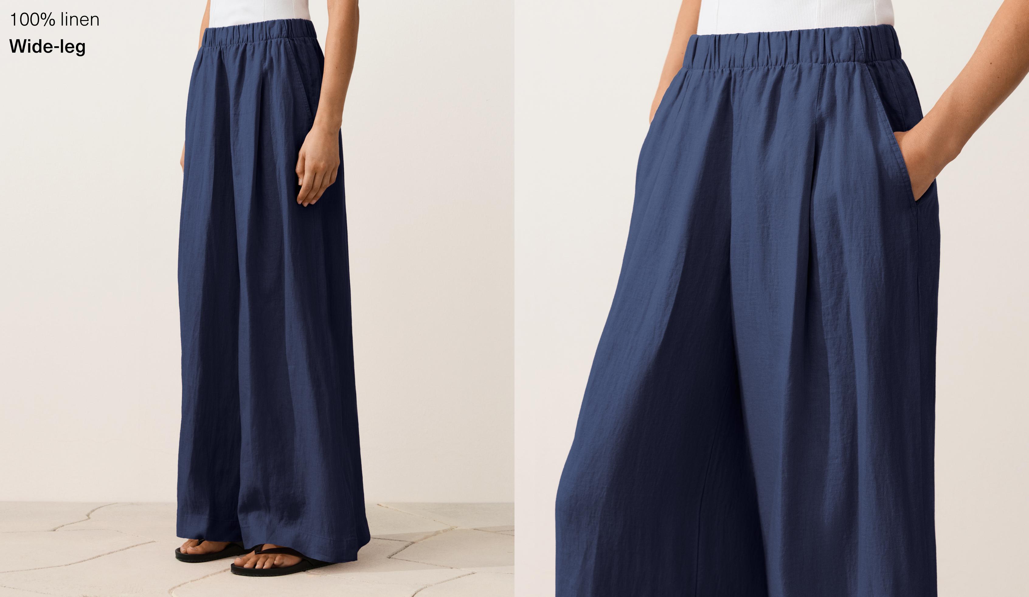 100% linen wide-leg trousers — NAVY
