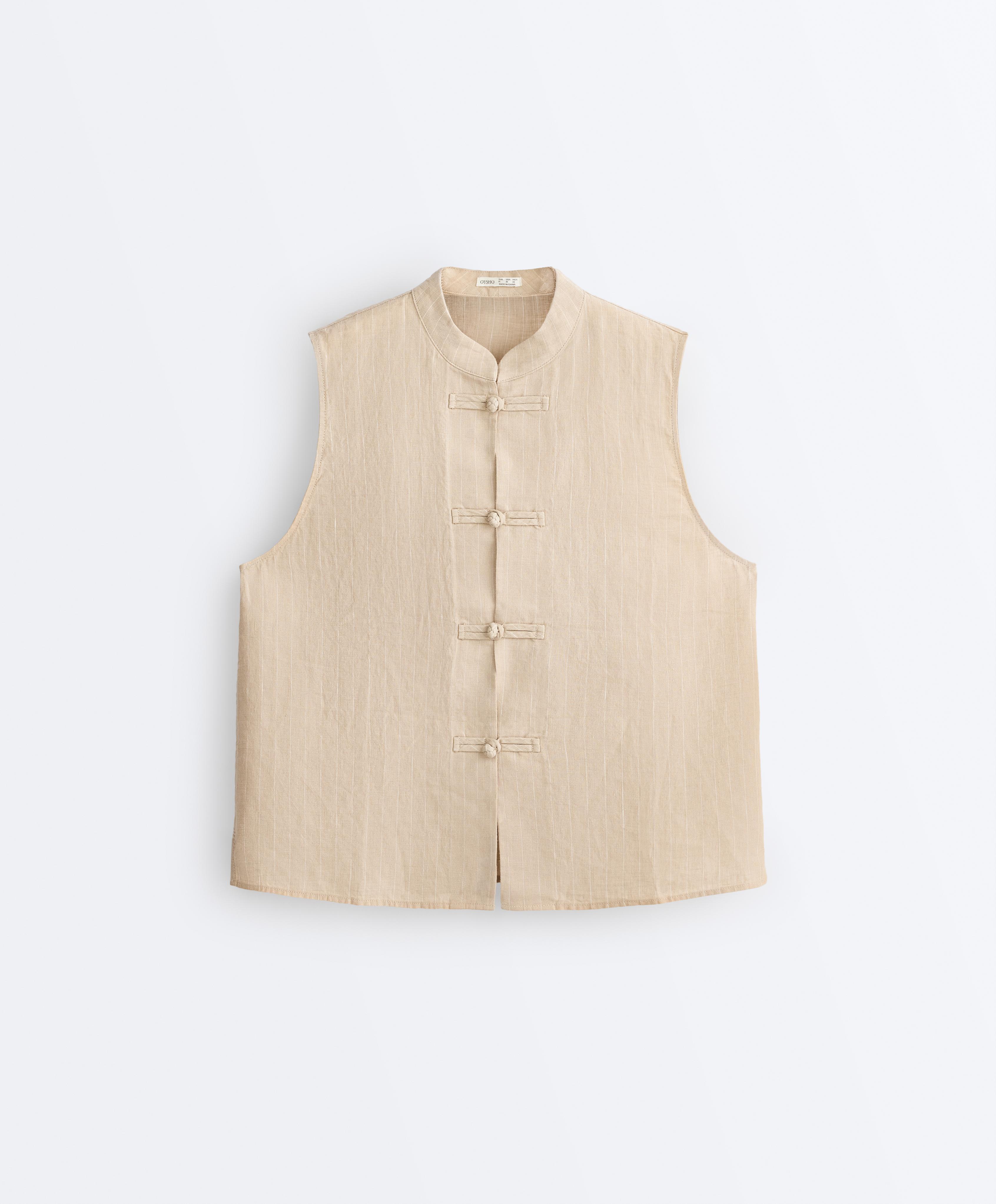 Sleeveless 100% linen stand-up collar shirt with buttons Sleeveless 100% linen stand-up collar shirt with buttons