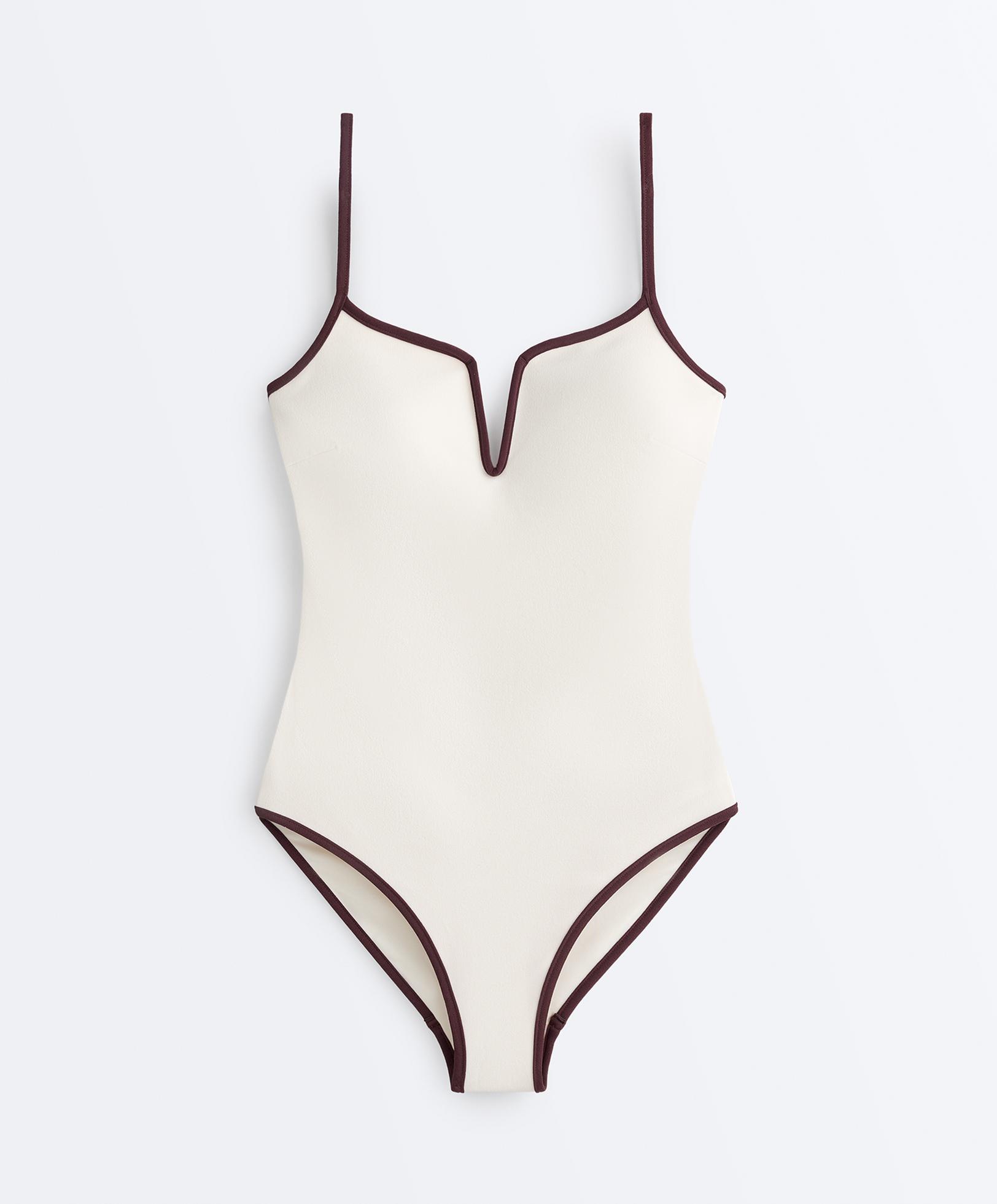V-neck contrast trim swimsuit — PALE ECRU