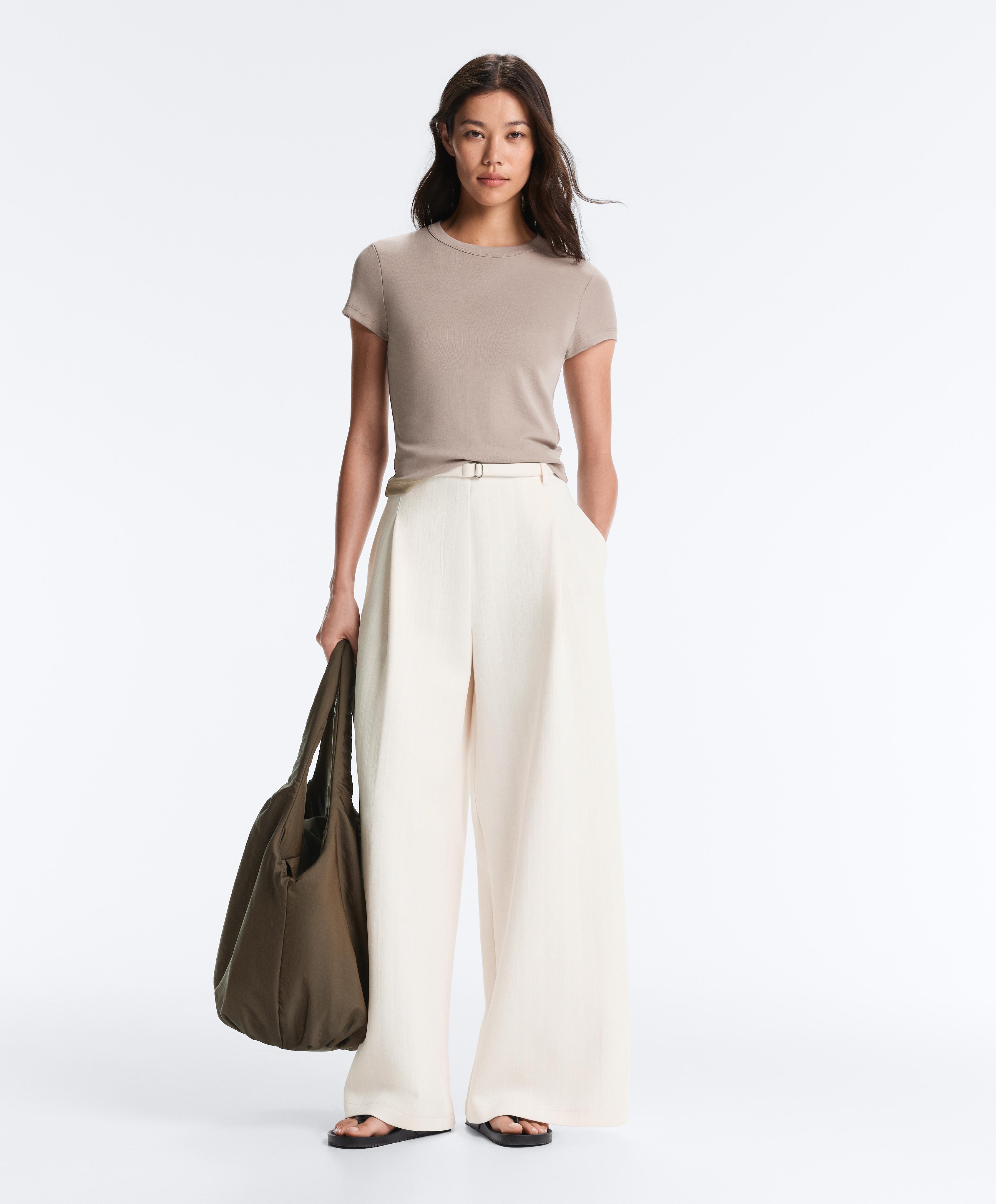 Striped cotton piqué wide-leg trousers — PALE ECRU