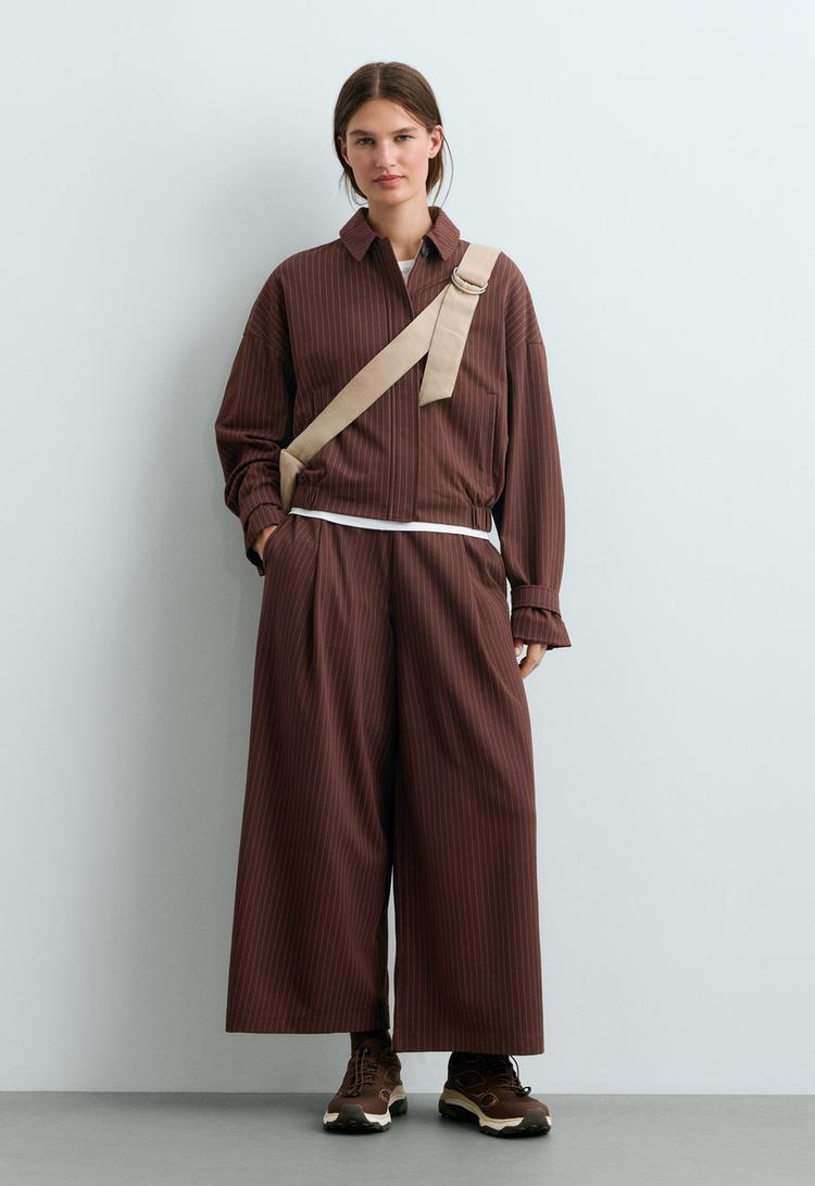 Wide-leg pinstripe piqué cotton crop trousers — CHOCOLATE