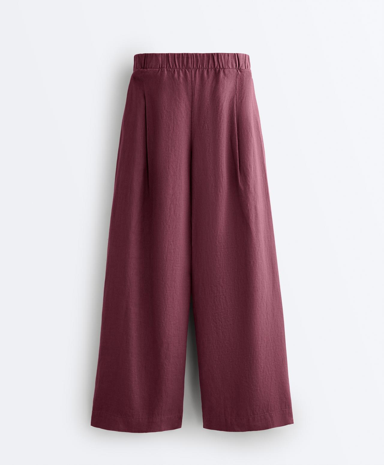 100% linen wide-leg trousers — CHERRY