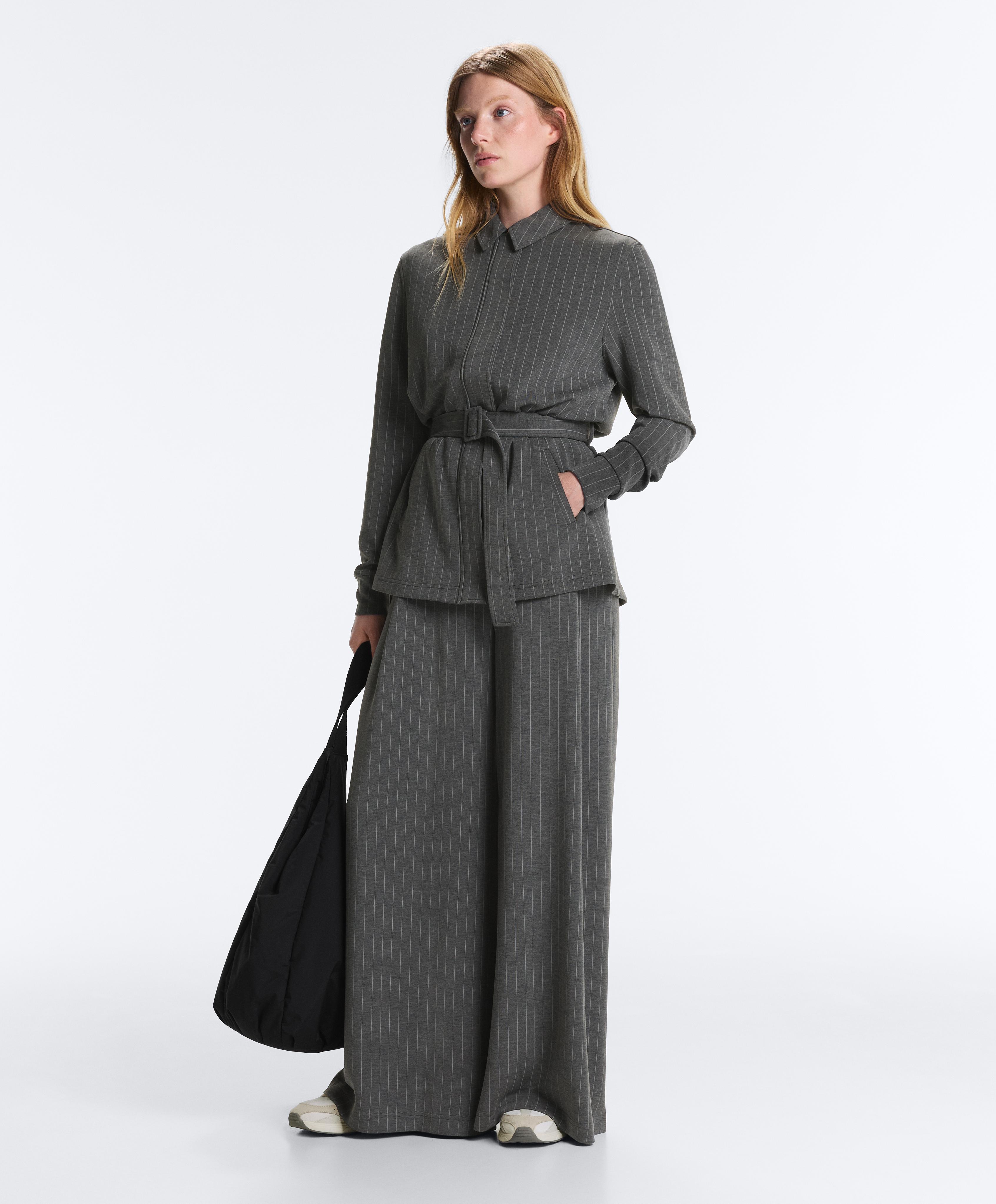 Long belted jacket with soft-touch modal — DARK GREY