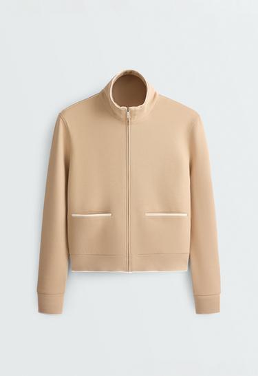 Cotton piqué jacket with piping — BEIGE 5