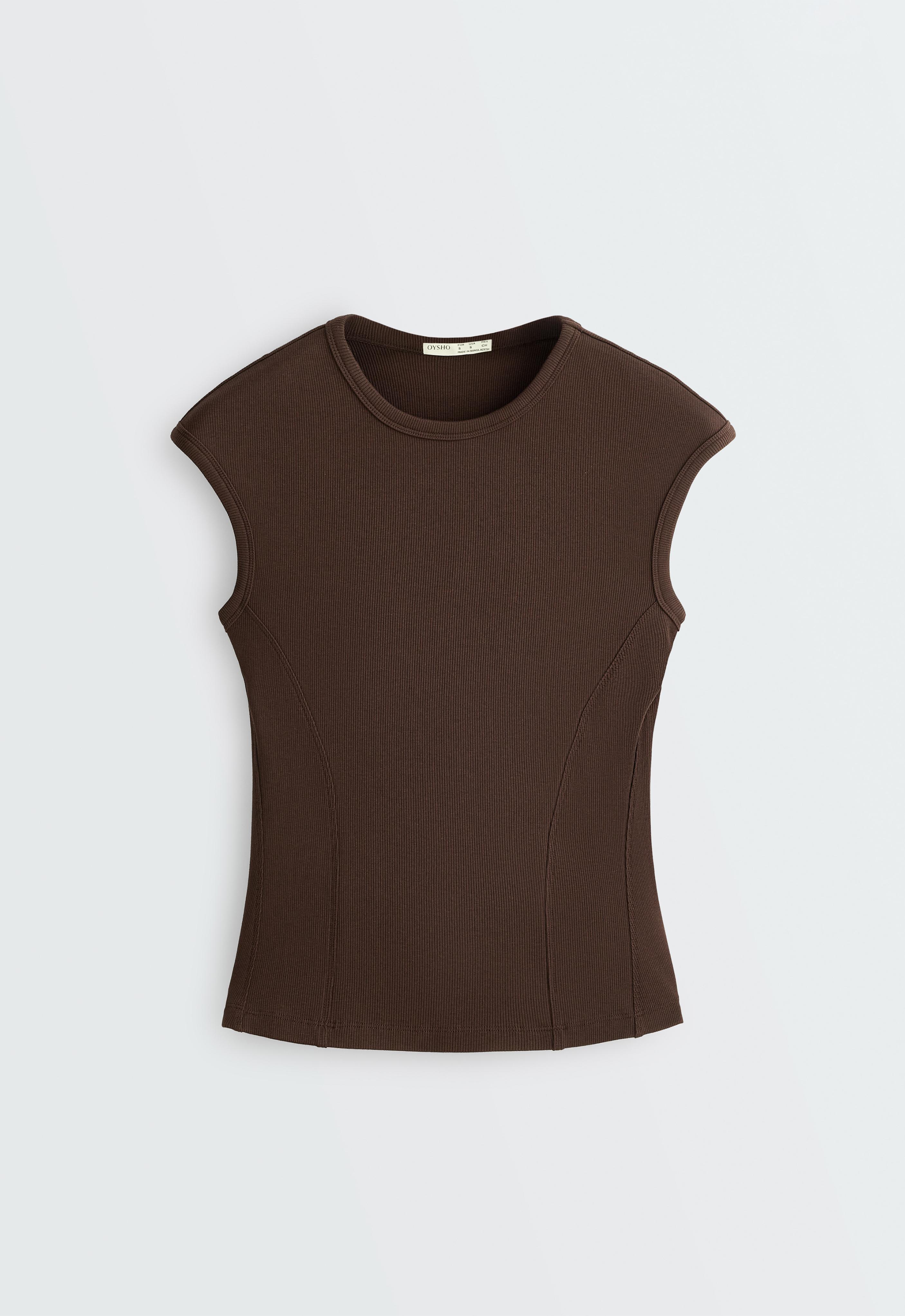 Short-sleeved rib top with cotton and modal — DARK BROWN