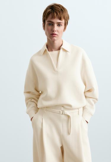 Striped cotton piqué polo shirt — PALE ECRU 2