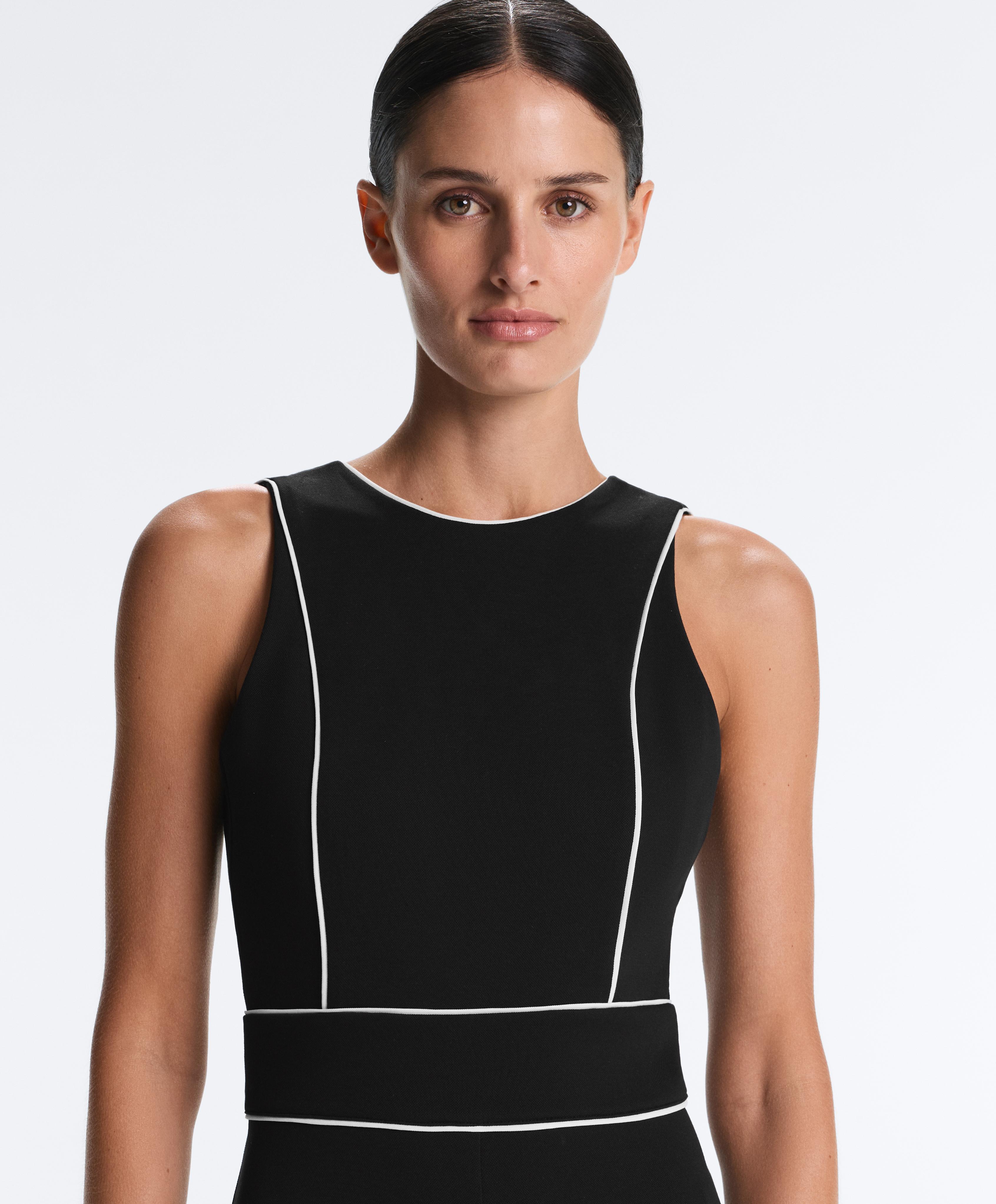 Long piping piqué jumpsuit with cotton — BLACK