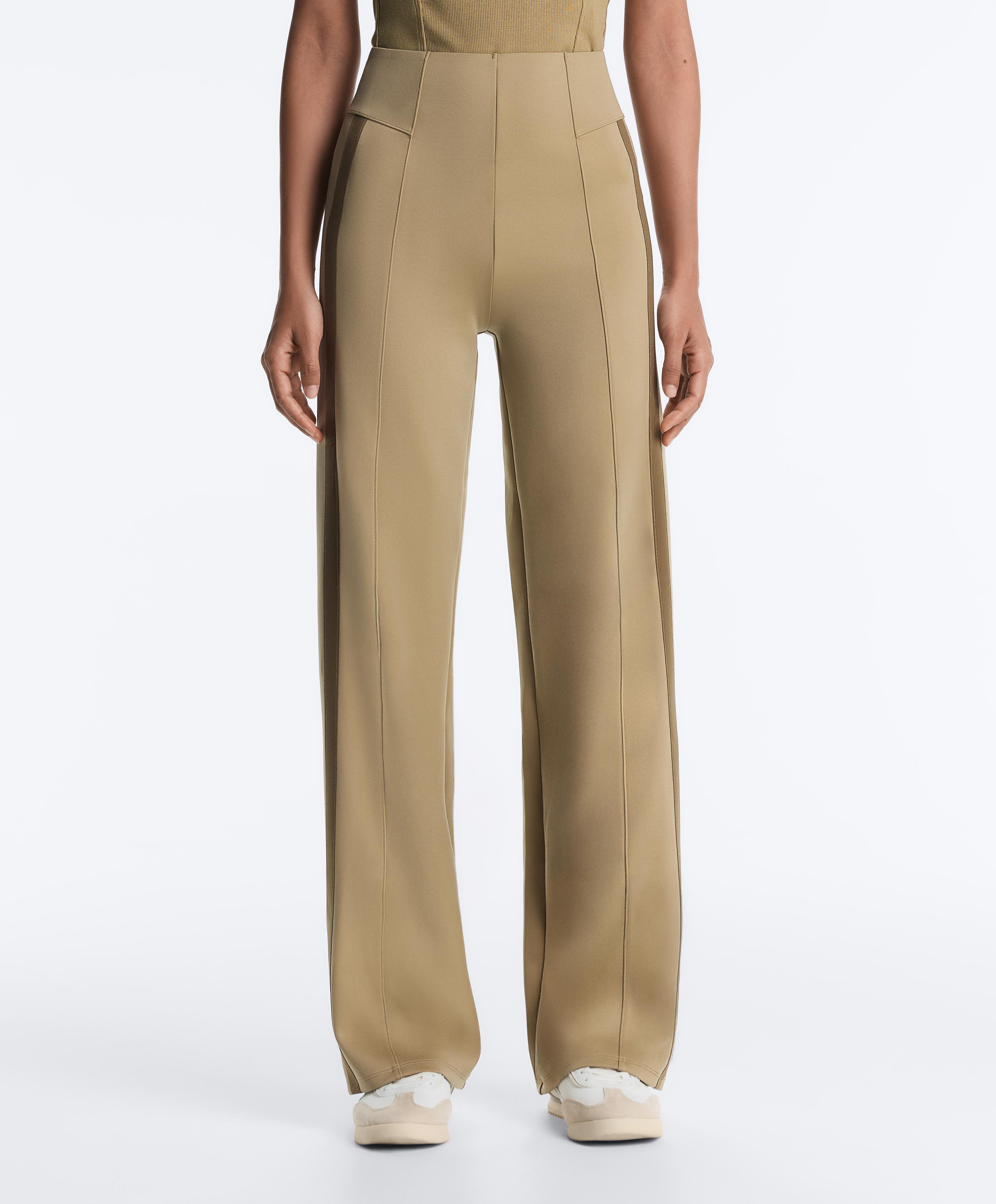 High rise neoprene-effect straight-leg trousers with piping