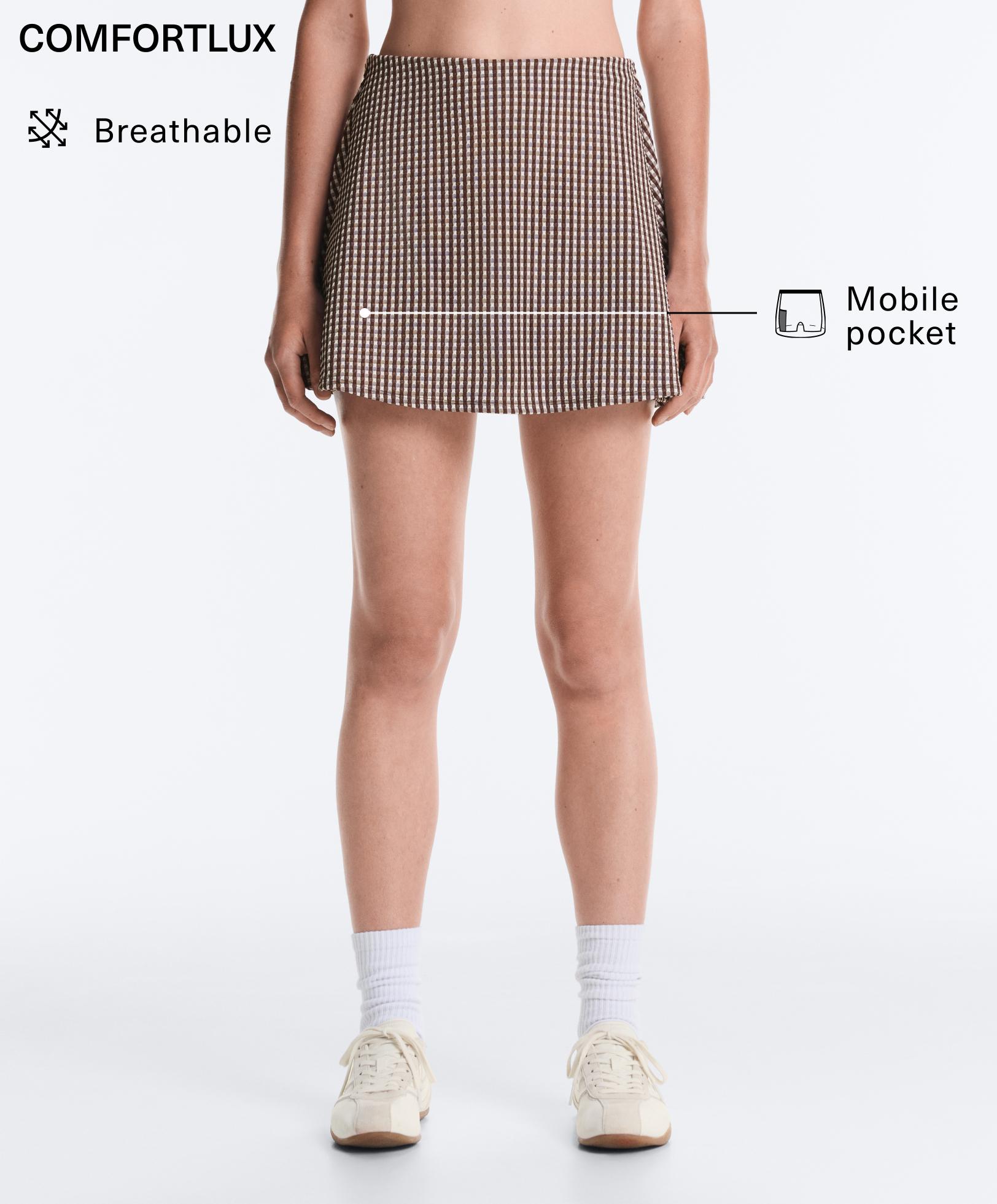Comfortlux high-rise gingham mini skirt — DARK REDDISH‑BROWN