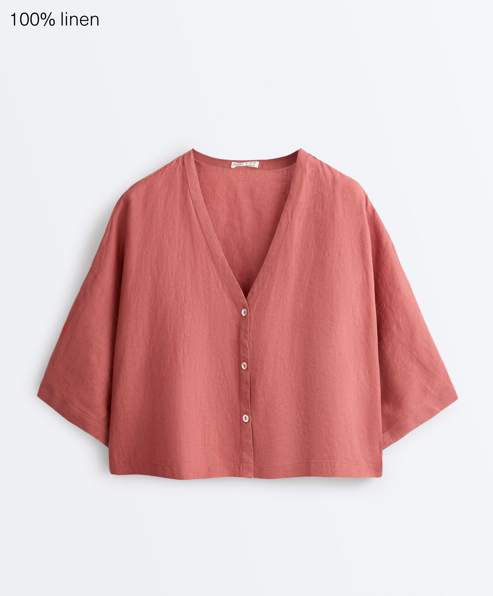 100% linen short-sleeve shirt — CORAL