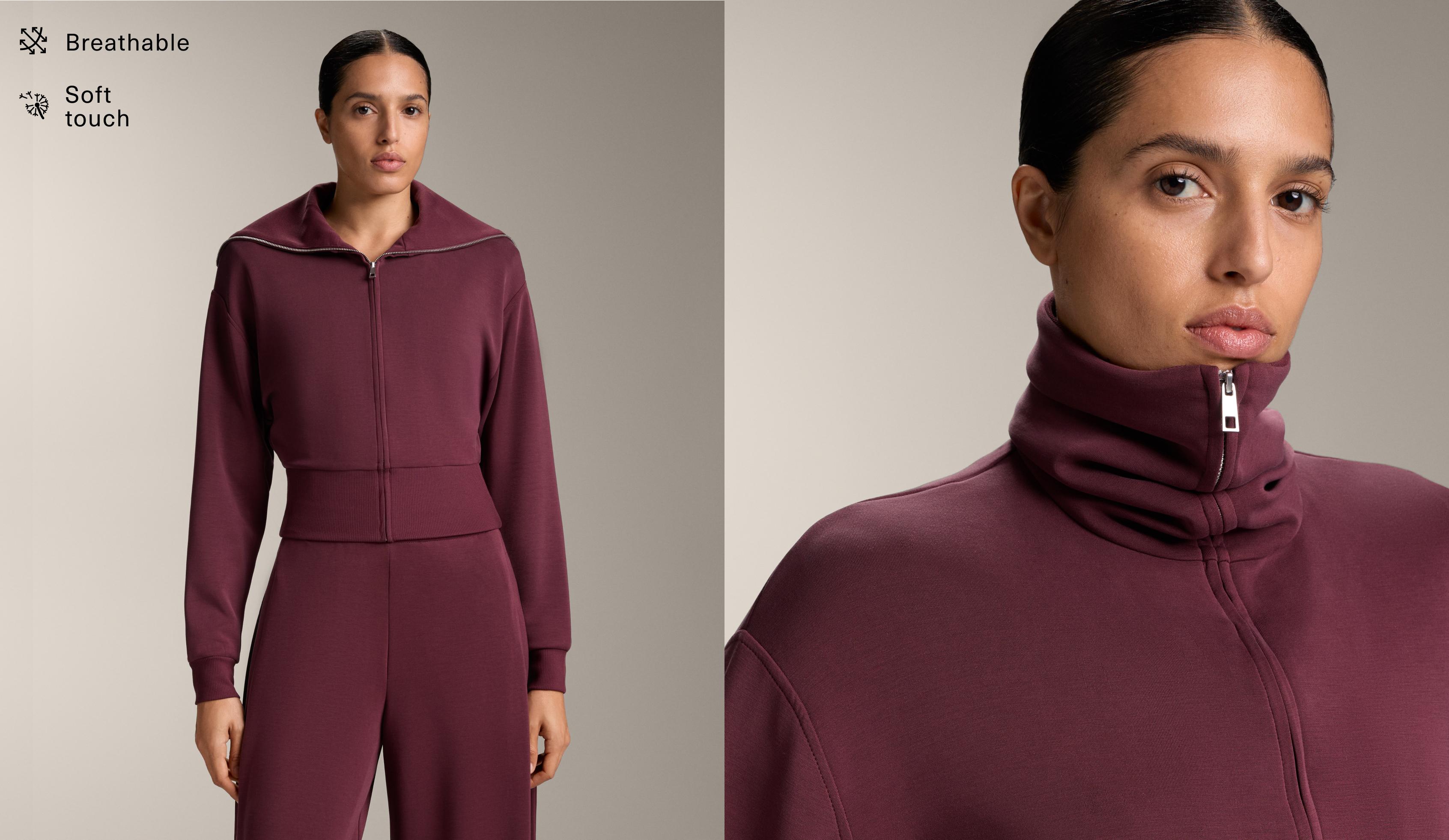 Fitted waist knit collar jacket with modal — MAROON