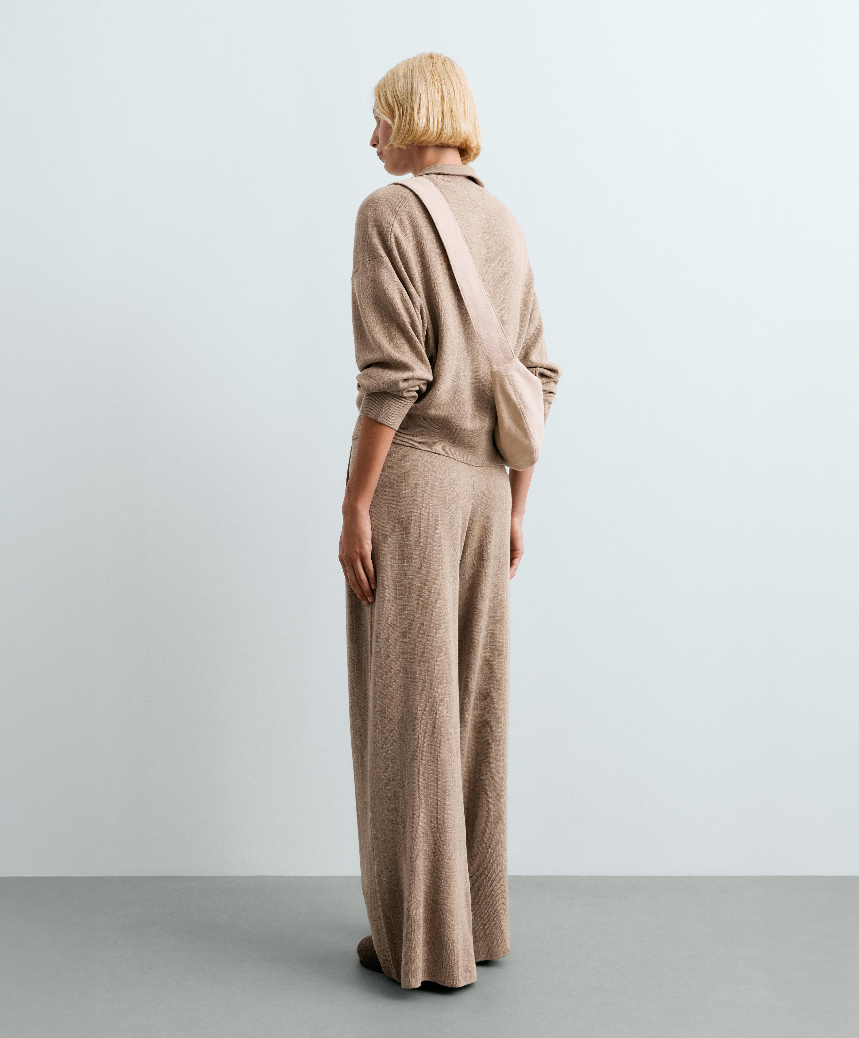 Wide-leg pinstripe knit trousers — DARK NOUGAT
