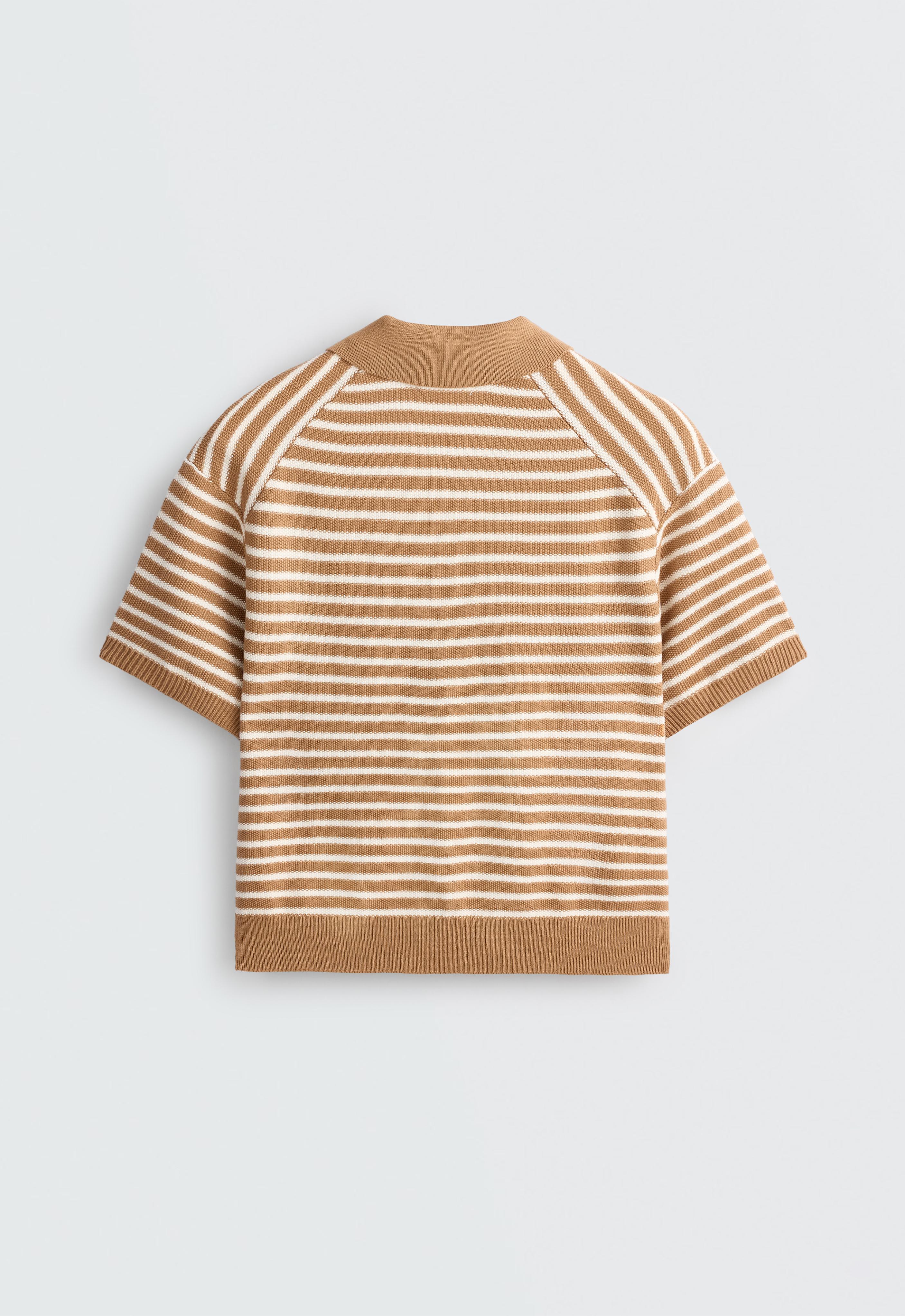 100% cotton striped knit polo shirt — PALE ECRU