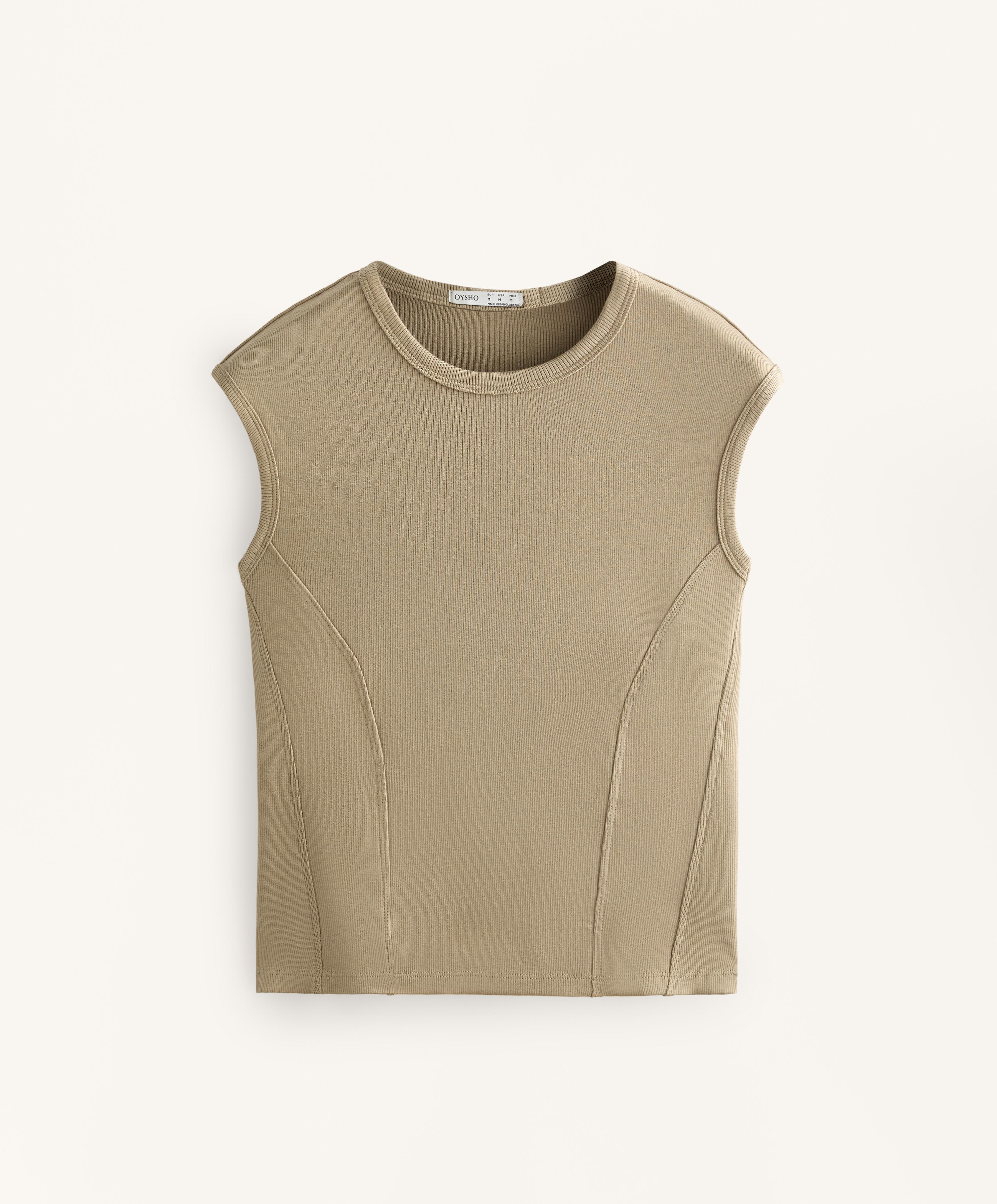Short-sleeved rib top with cotton and modal — GREEN BEIGE