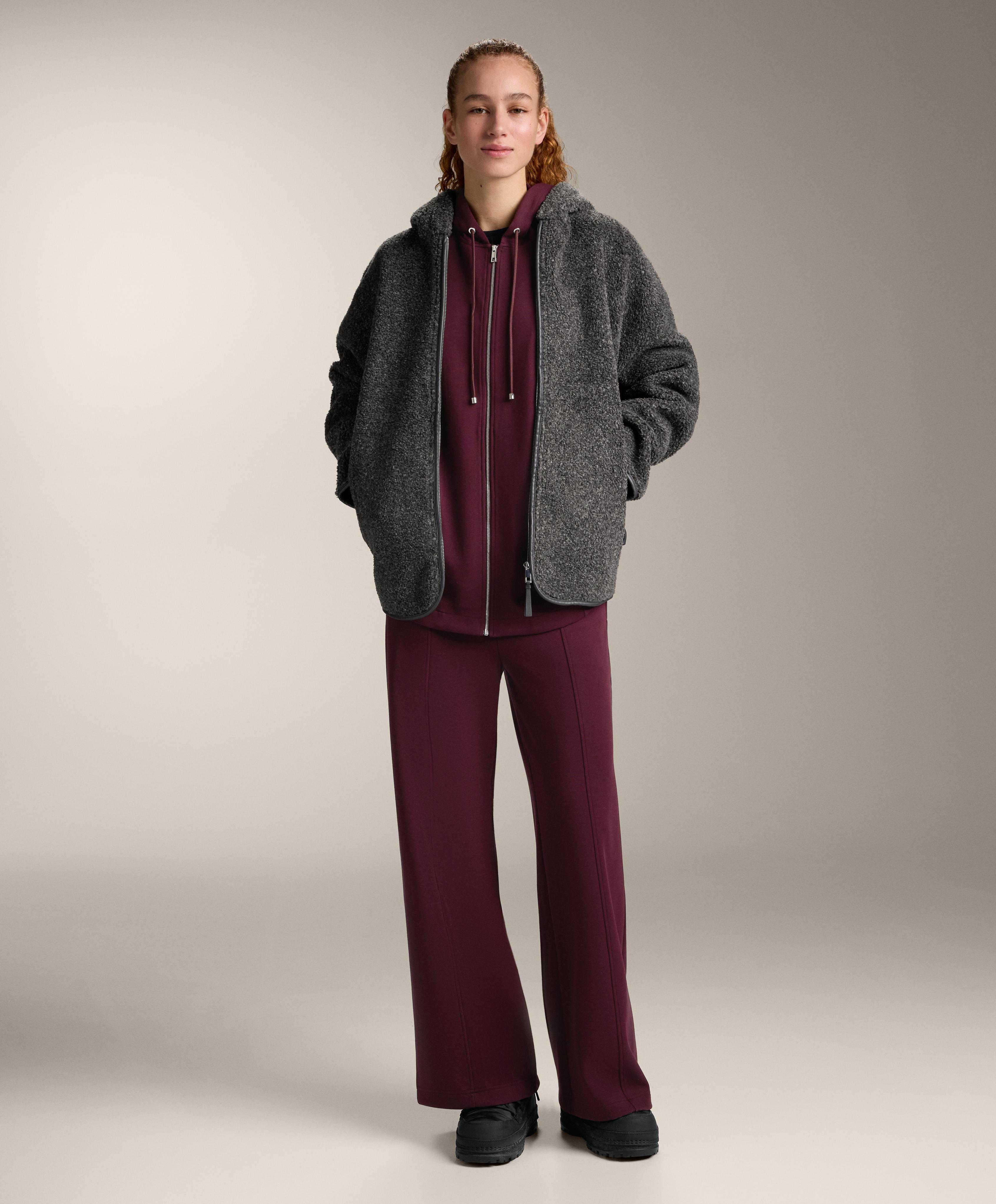 Oversize cotton piqué hooded jacket — DARK MAROON