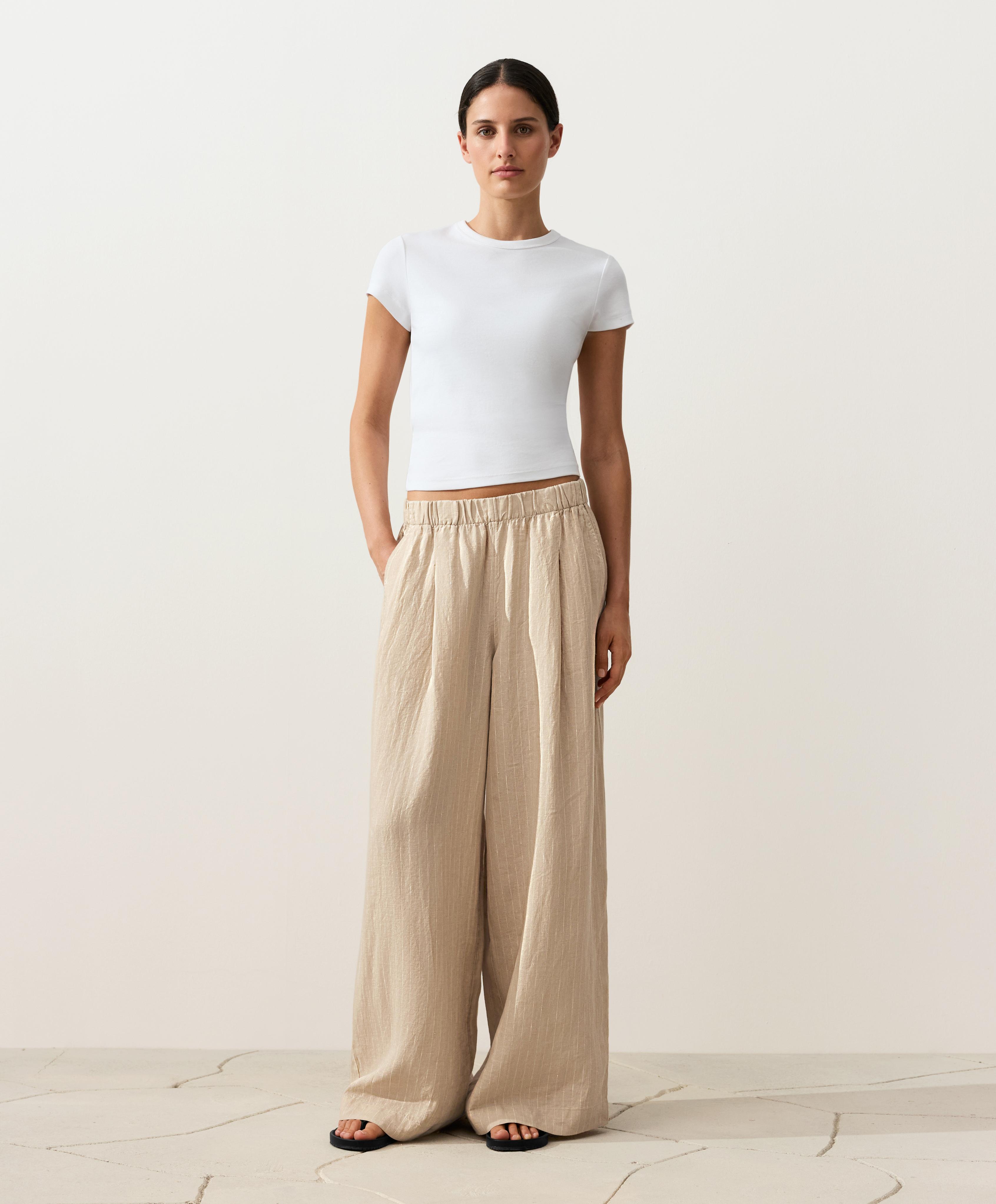 Wide leg %100 keten çizgili pantolon