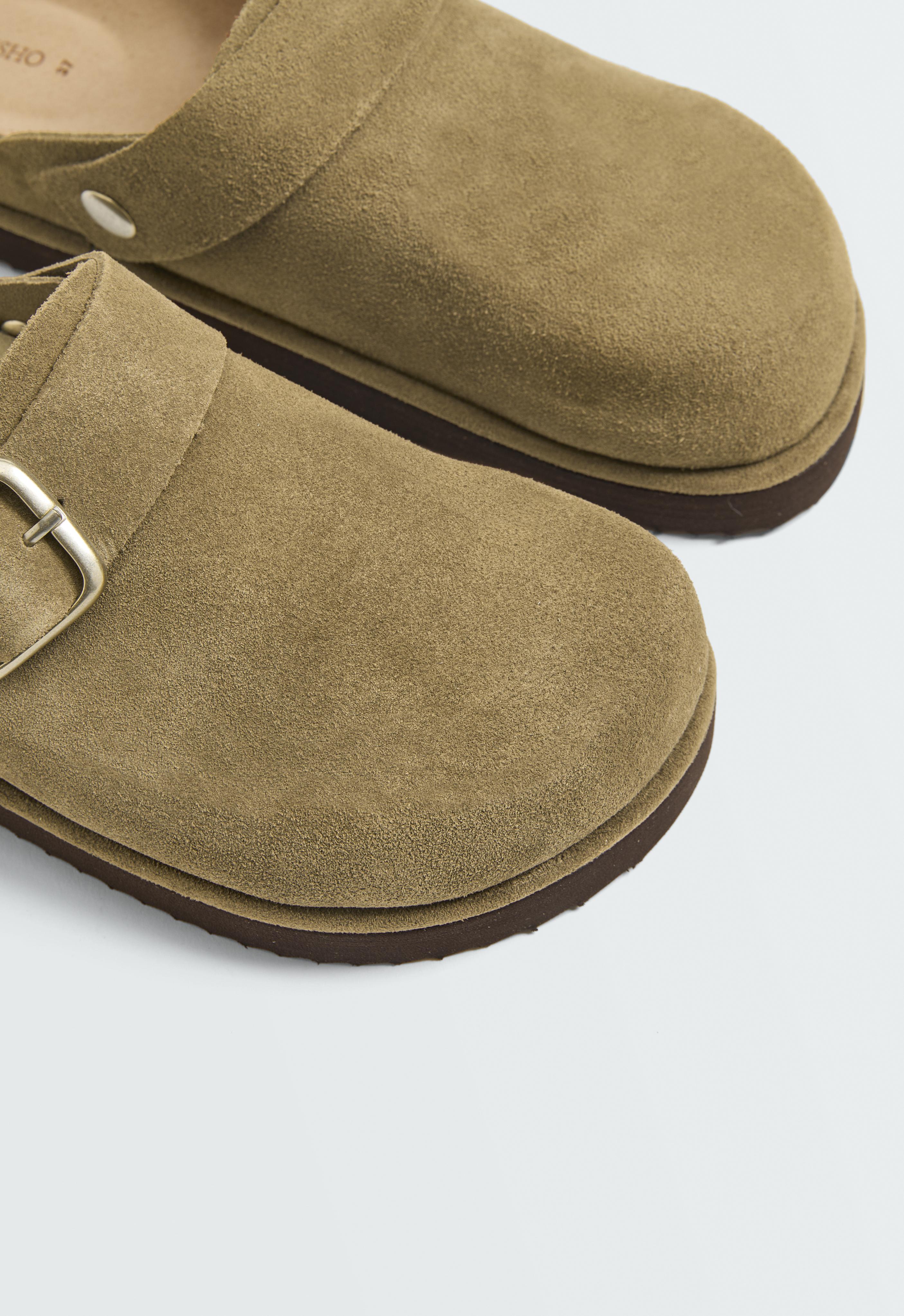 Split-leather buckled mules — KHAKI
