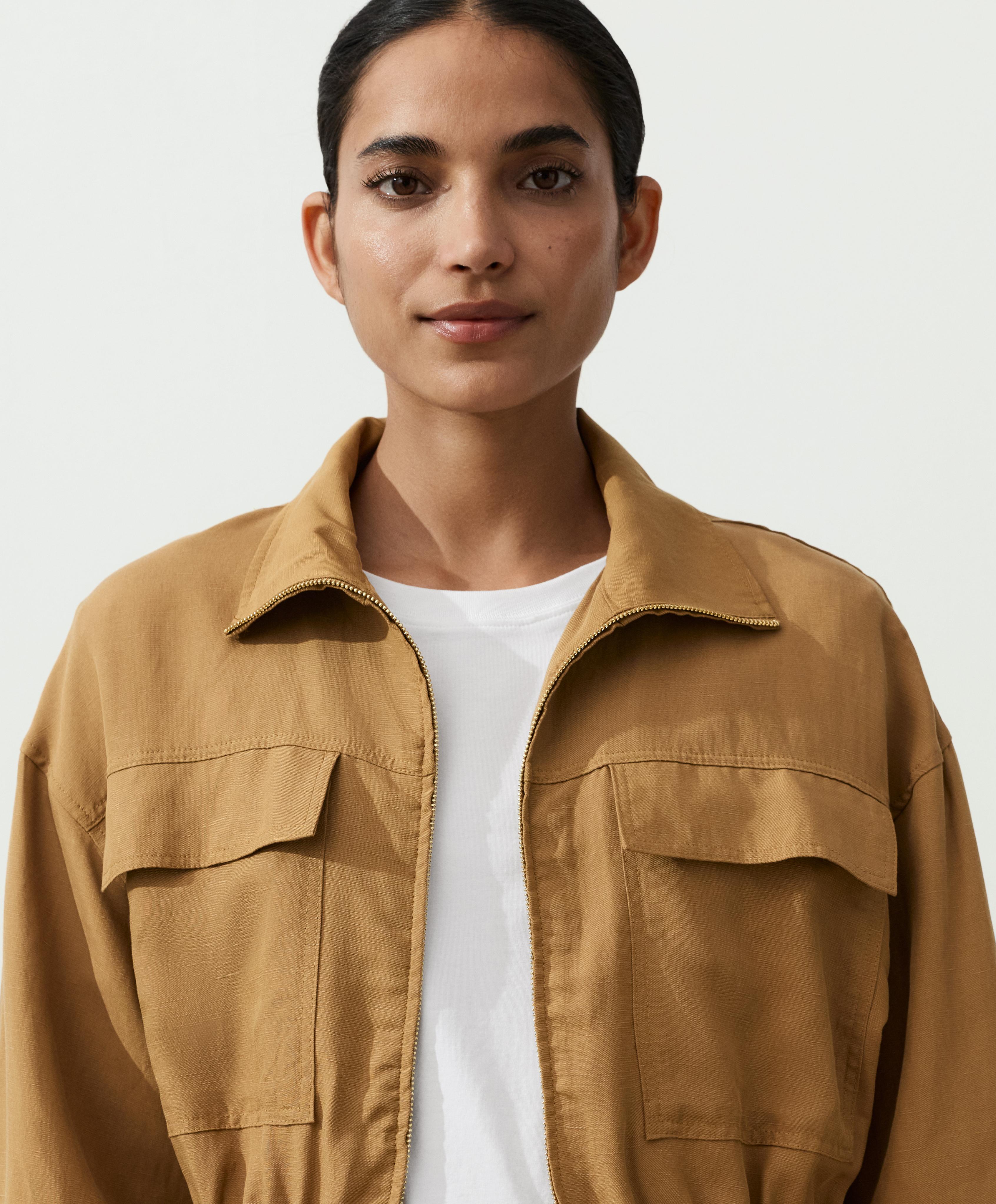 Lyocell and 24% linen blend ruched waist jacket — COPPER
