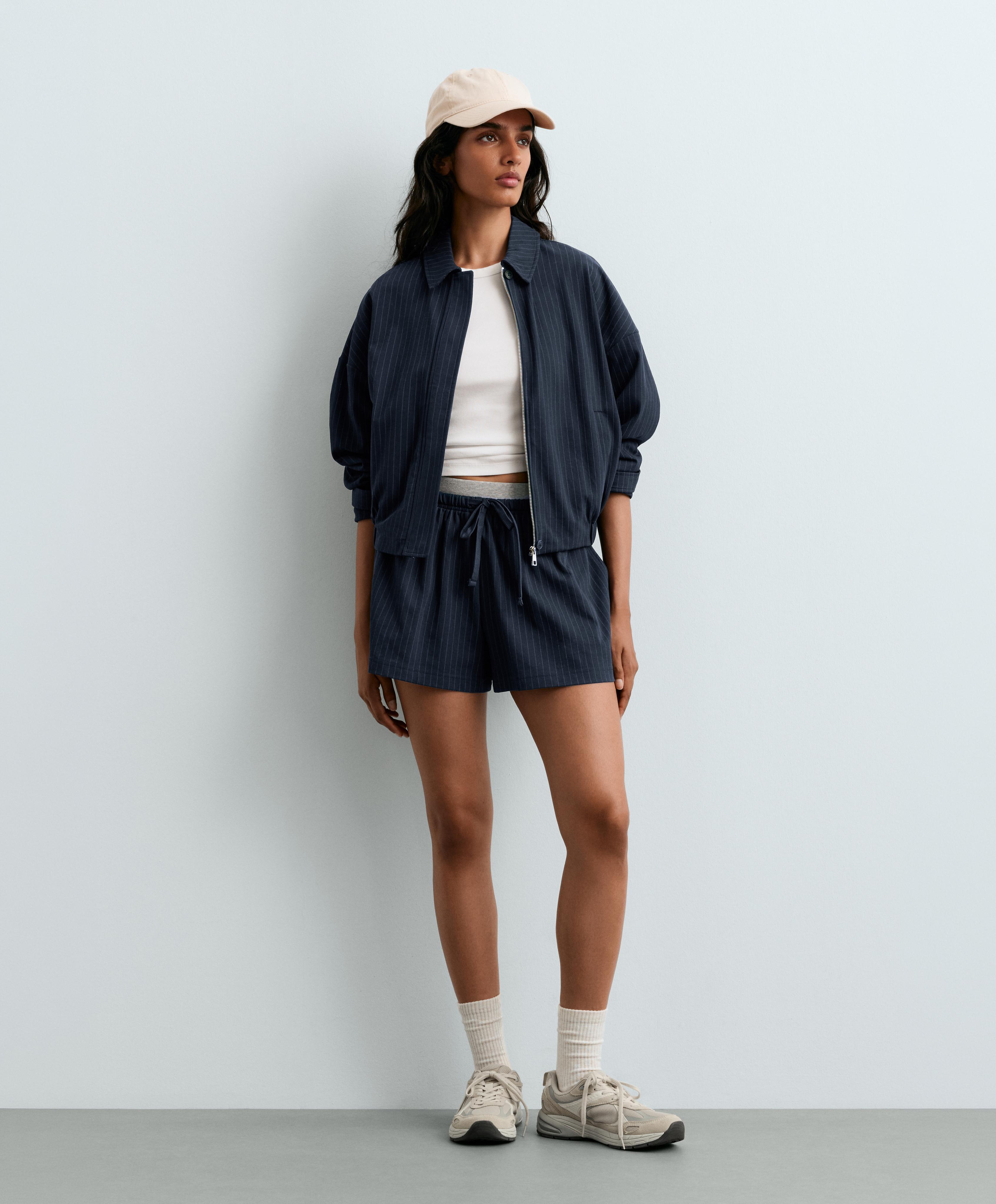 Pinstripe cotton pique shorts — NAVY BLUE