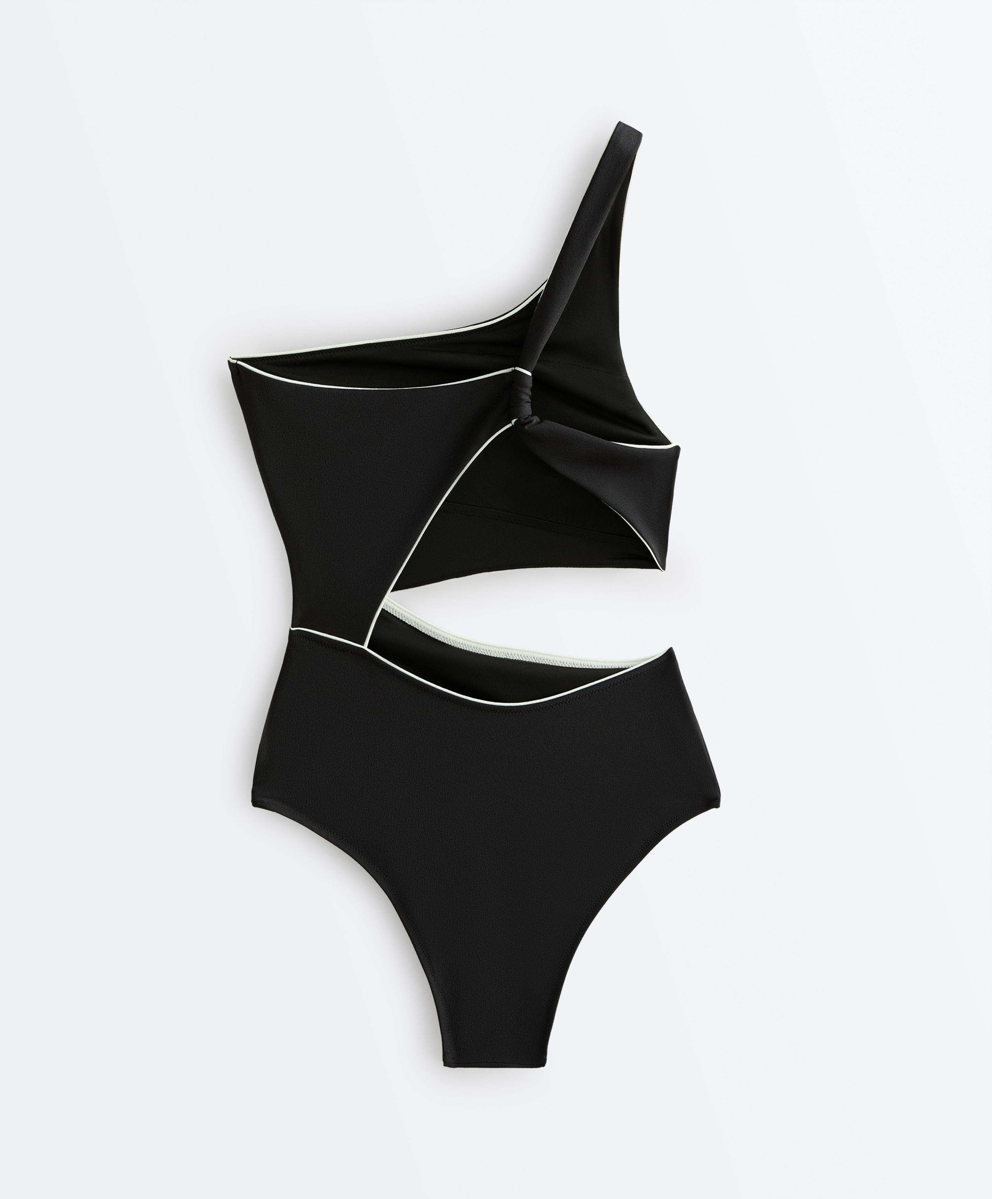 Asymmetric piping bow trikini — BLACK