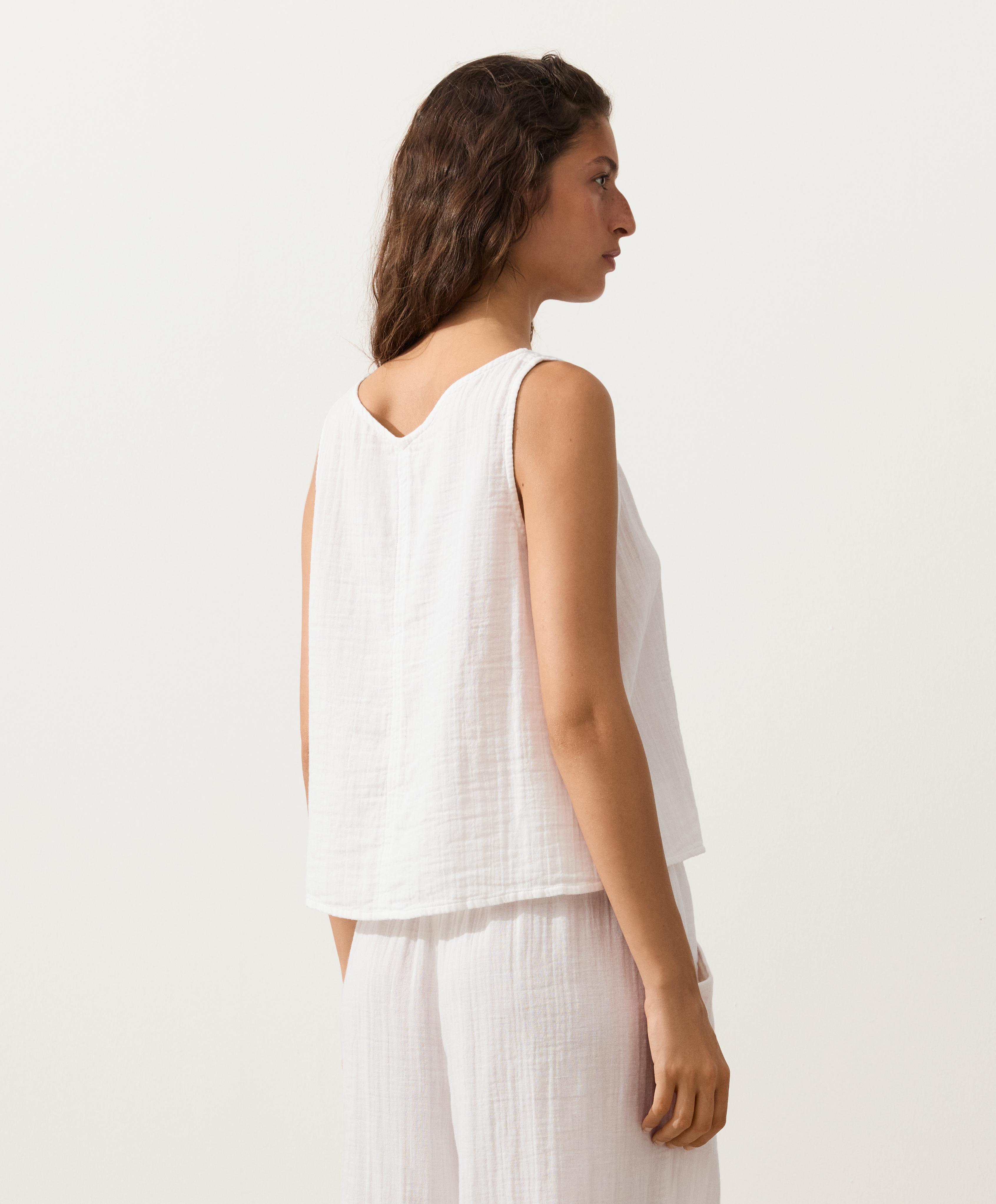 100% cotton gauze V-neck strappy top — WHITE 