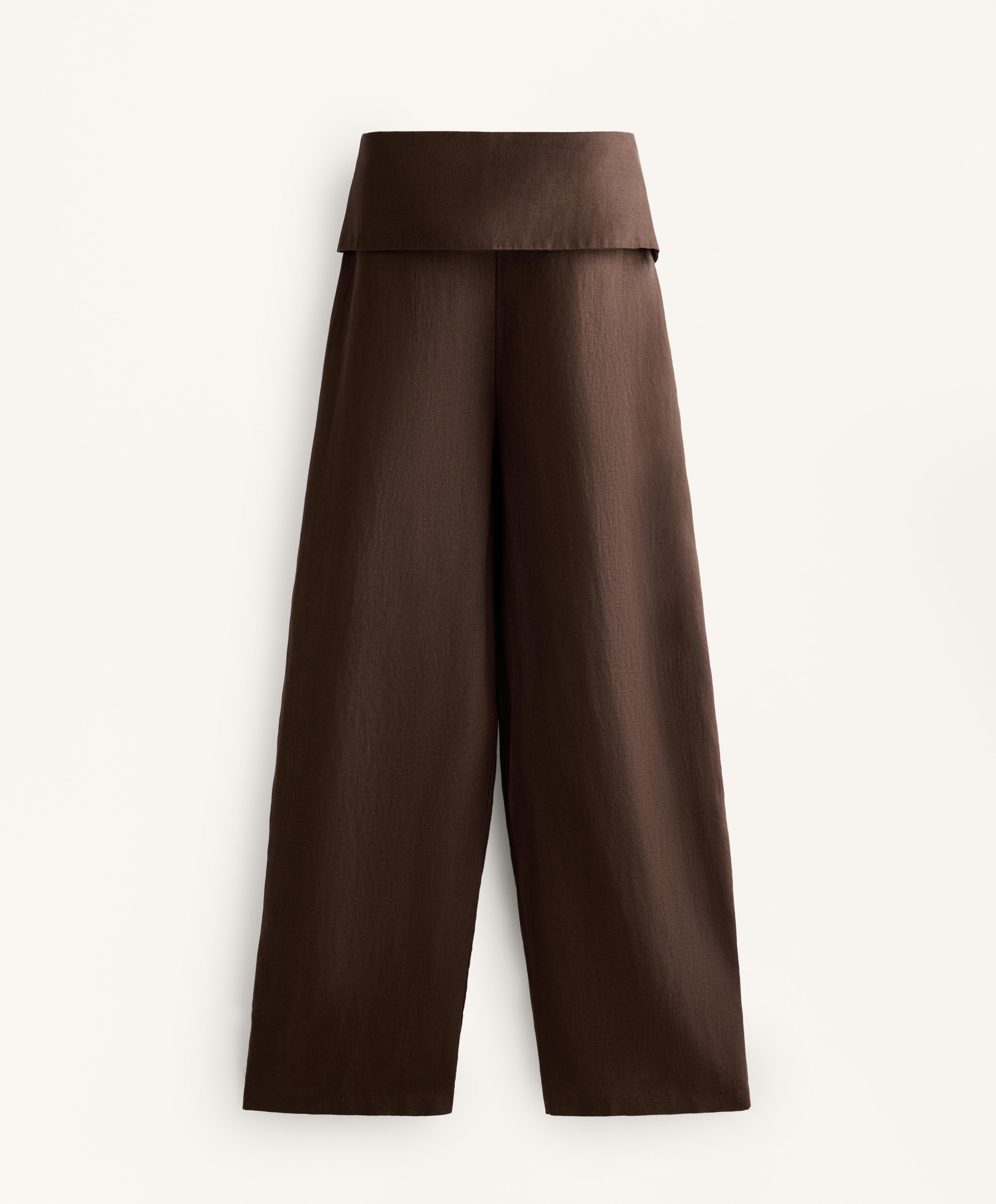 100% linen straight-leg trousers with folded waistband