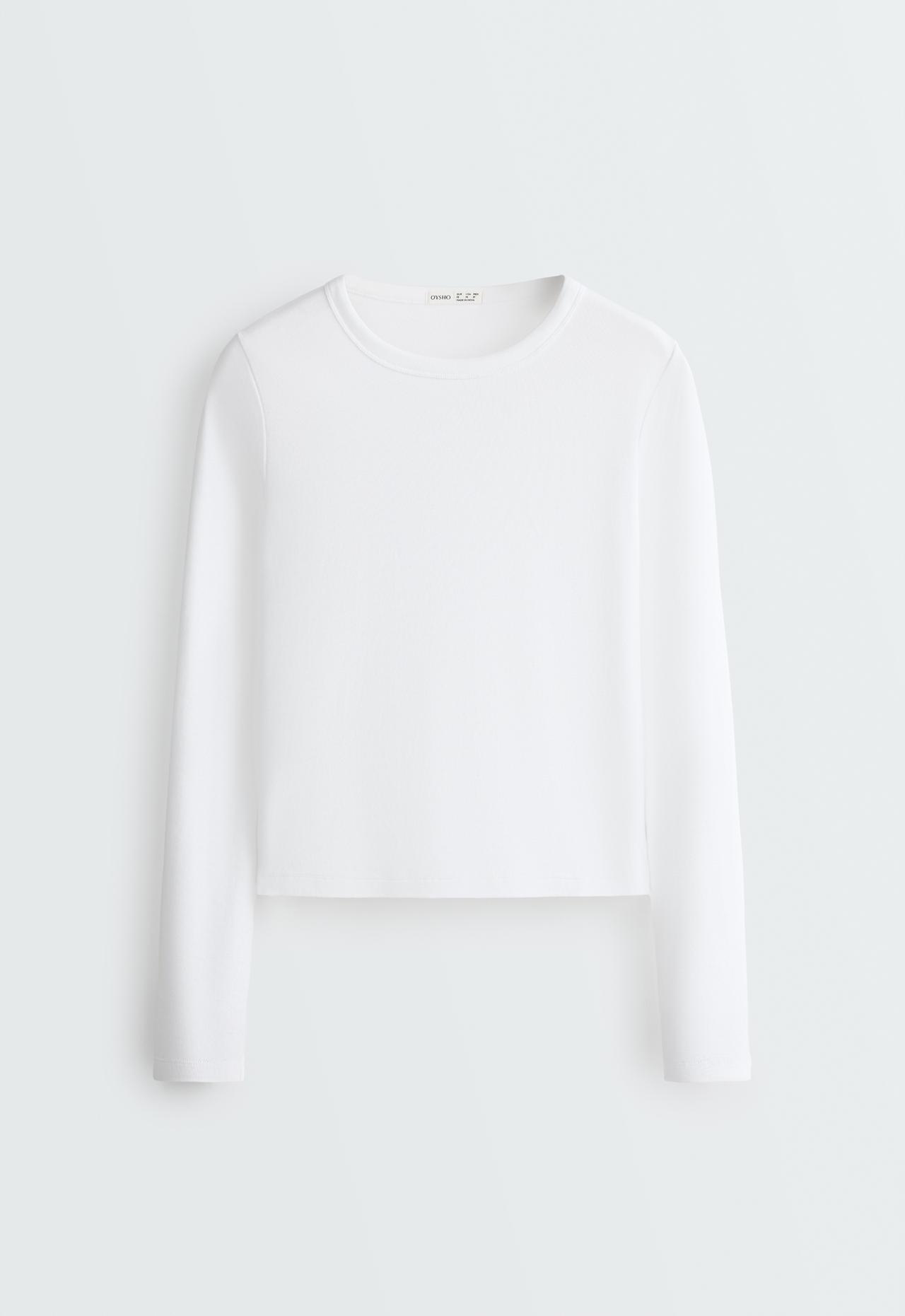 Fitted long-sleeve cotton blend rib t-shirt — WHITE